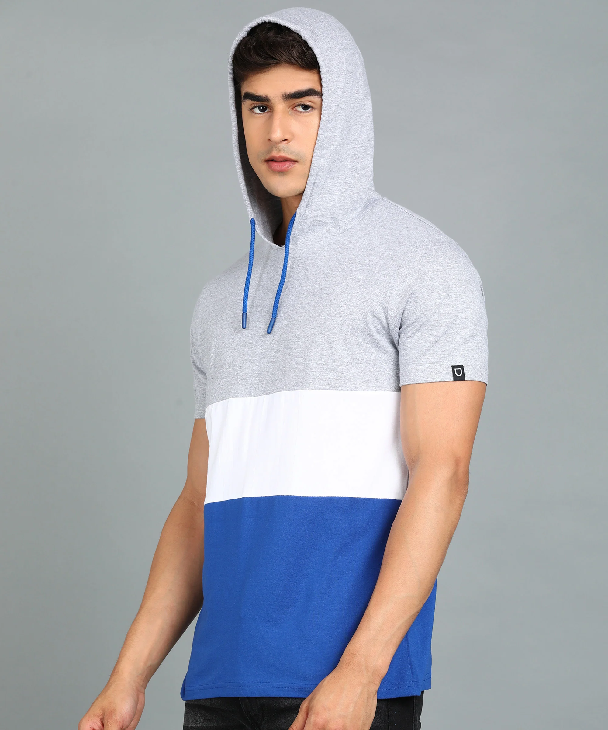 Men's Grey, White, Royal Blue Cotton Slim Fit Half Sleeve Hooded T-Shirt - Image 2
