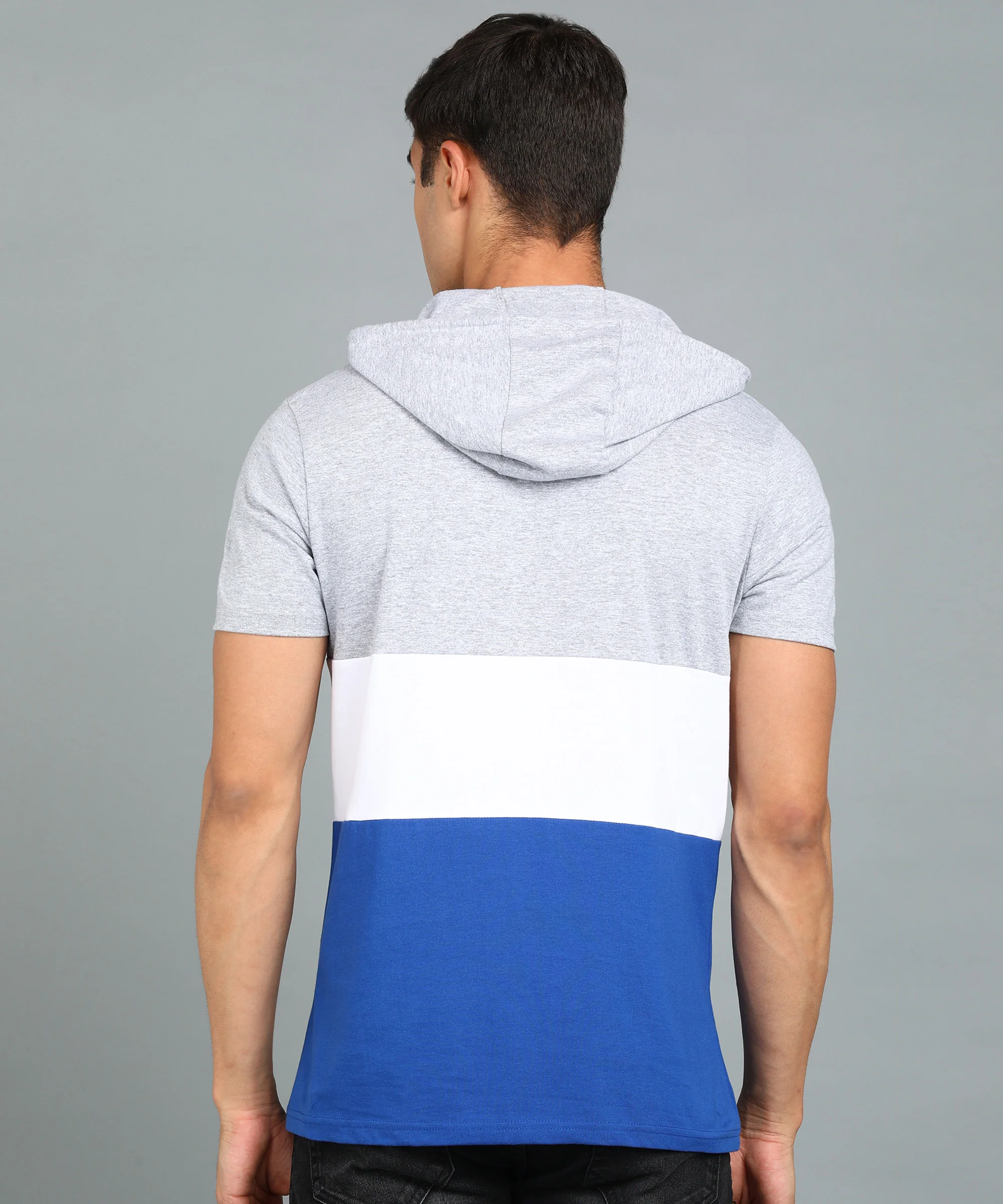 Men's Grey, White, Royal Blue Cotton Slim Fit Half Sleeve Hooded T-Shirt - Image 3