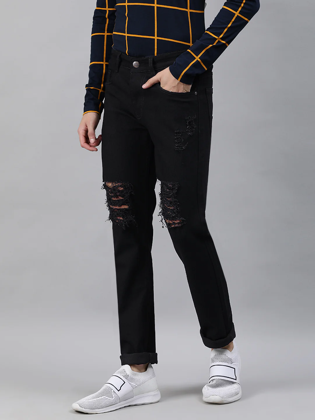 Men's Heavy Distressed Black Slim Fit Stretch Jeans - Image 2