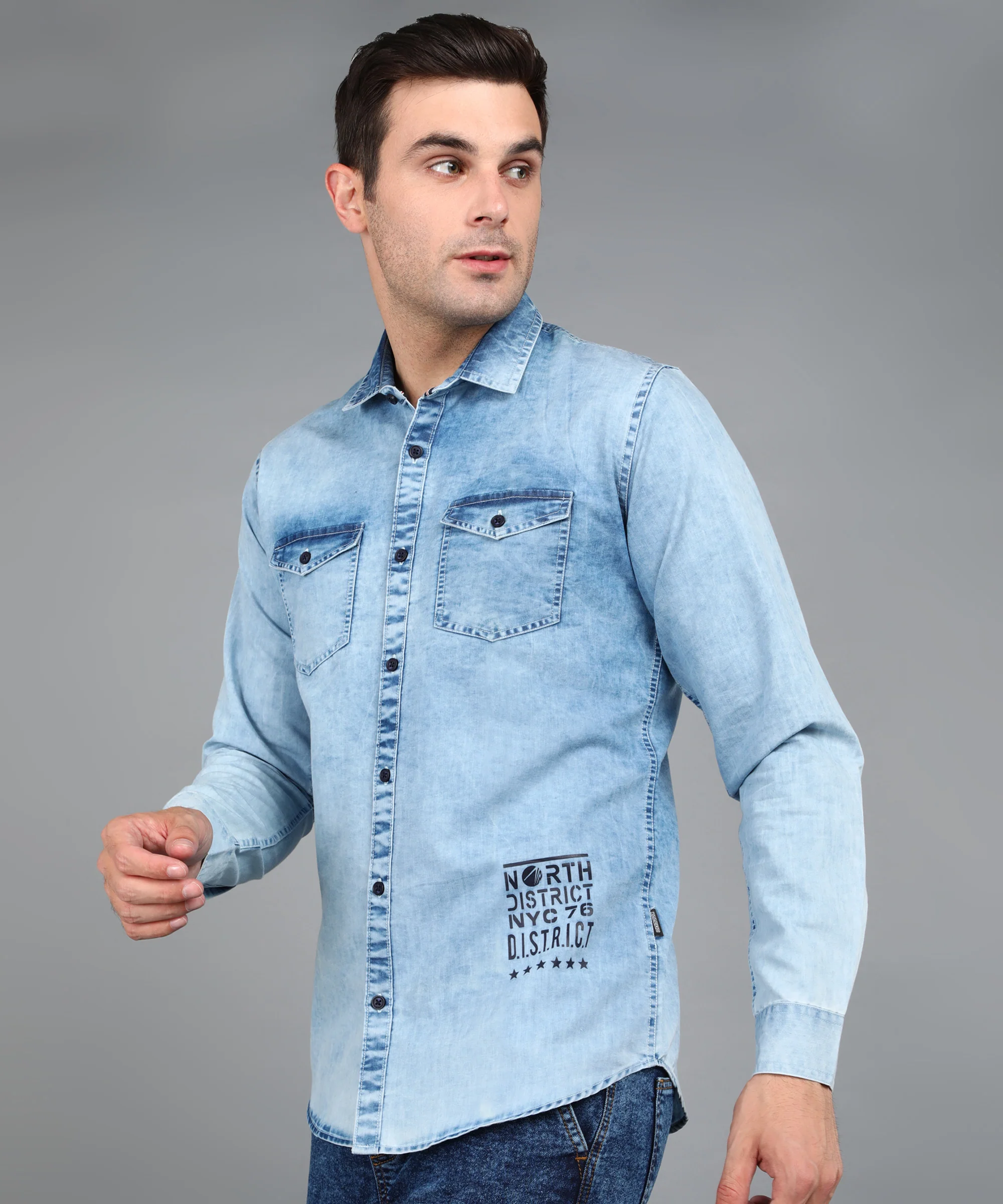 Men's Ice Blue Denim Full Sleeve Slim Fit Washed Casual Shirt - Image 2
