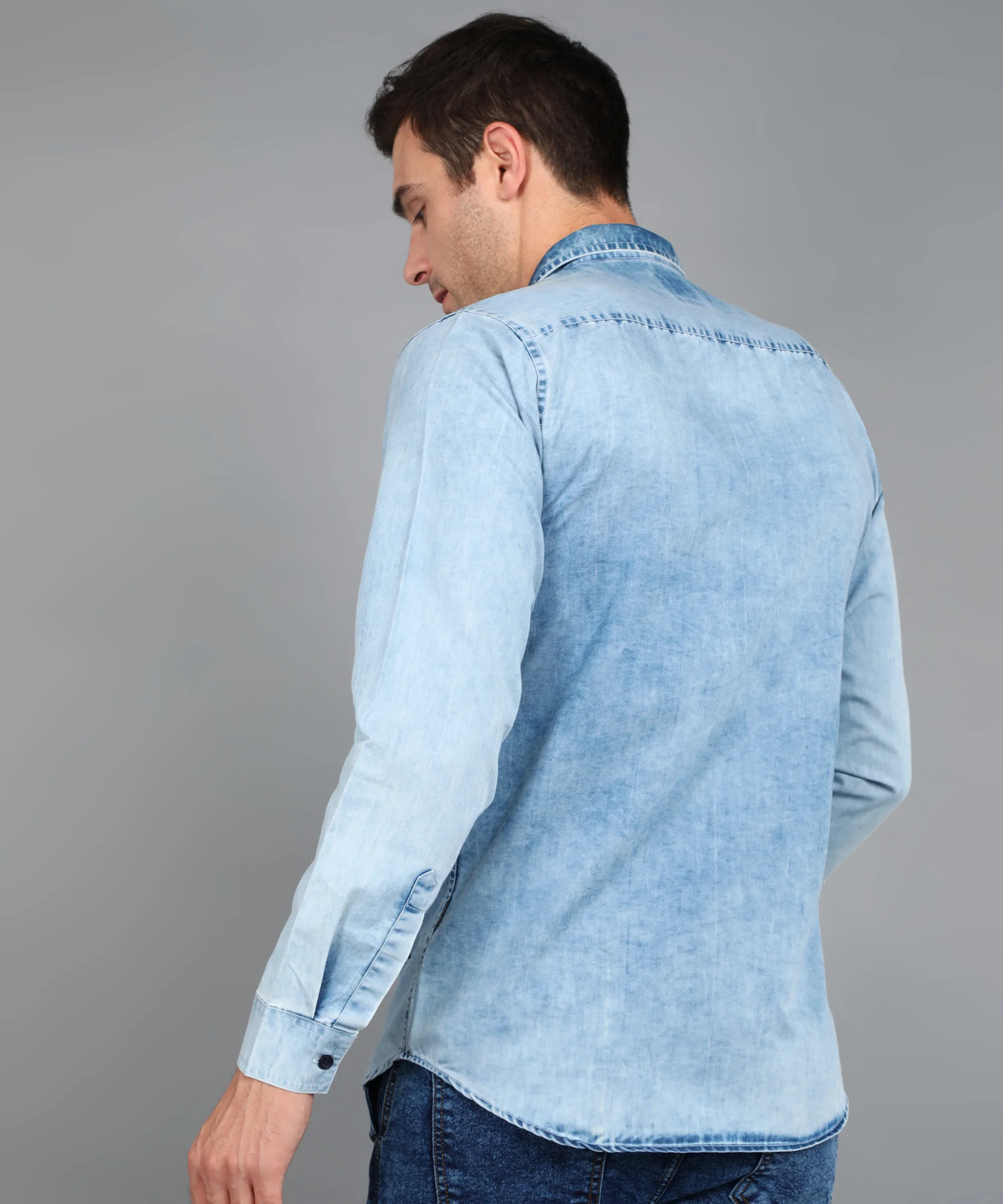 Men's Ice Blue Denim Full Sleeve Slim Fit Washed Casual Shirt - Image 3
