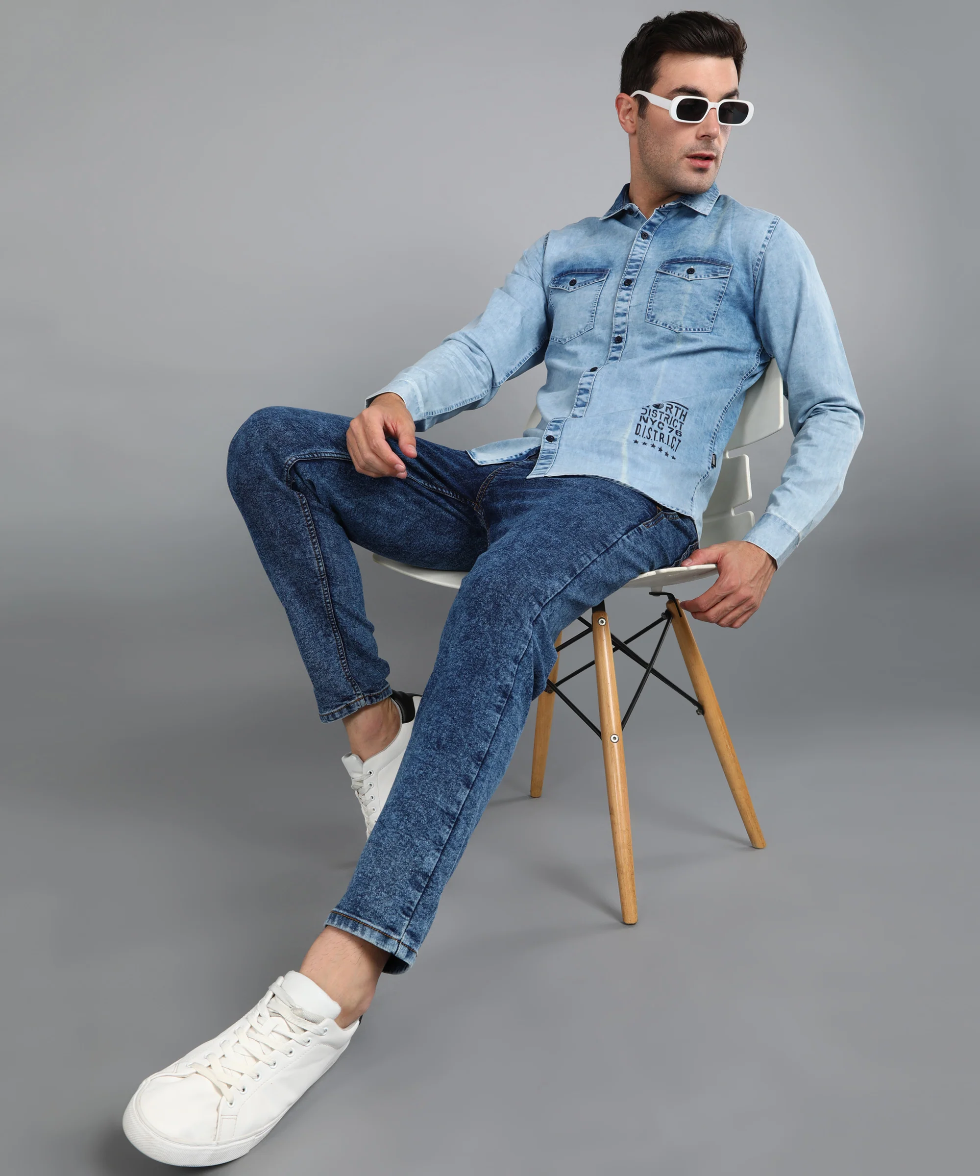 Men's Ice Blue Denim Full Sleeve Slim Fit Washed Casual Shirt - Image 4