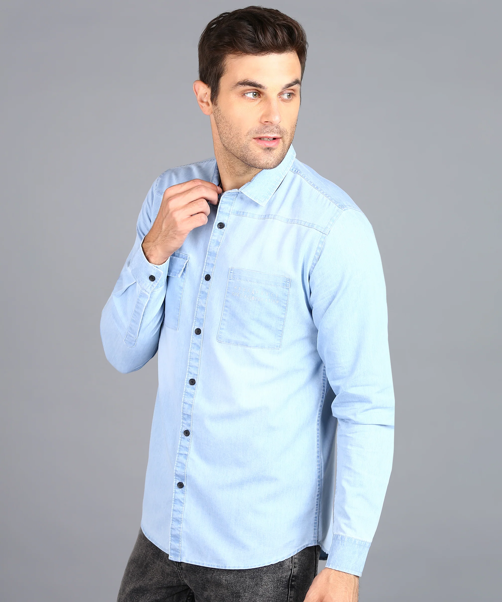 Men's Ice Blue Denim Full Sleeve Slim Fit Washed Casual Shirt - Image 2