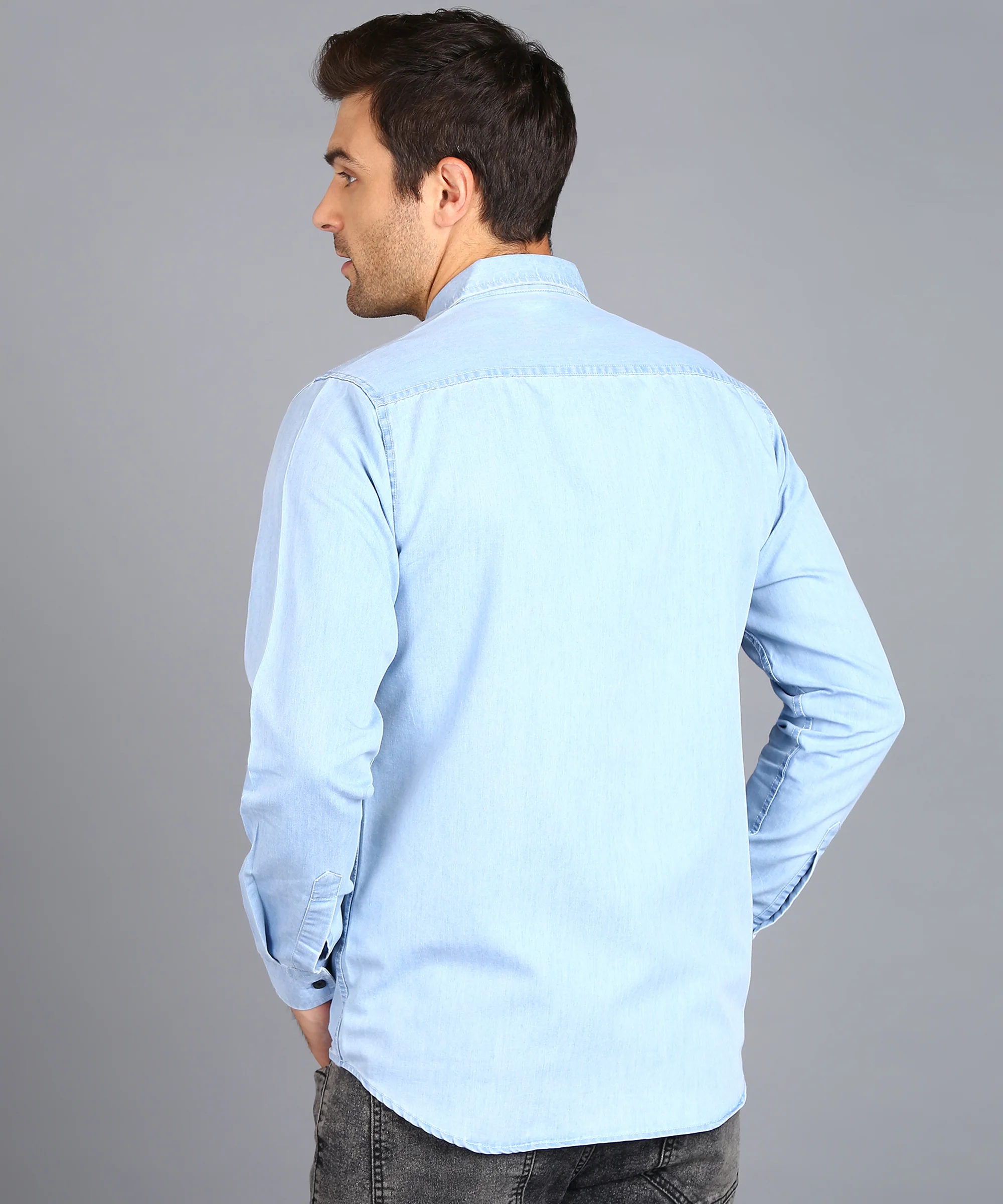Men's Ice Blue Denim Full Sleeve Slim Fit Washed Casual Shirt - Image 3