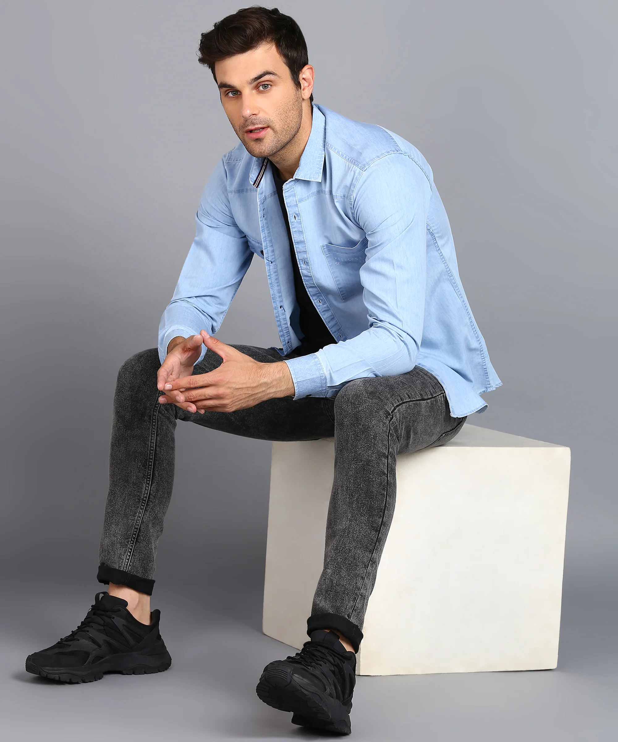 Men's Ice Blue Denim Full Sleeve Slim Fit Washed Casual Shirt - Image 4