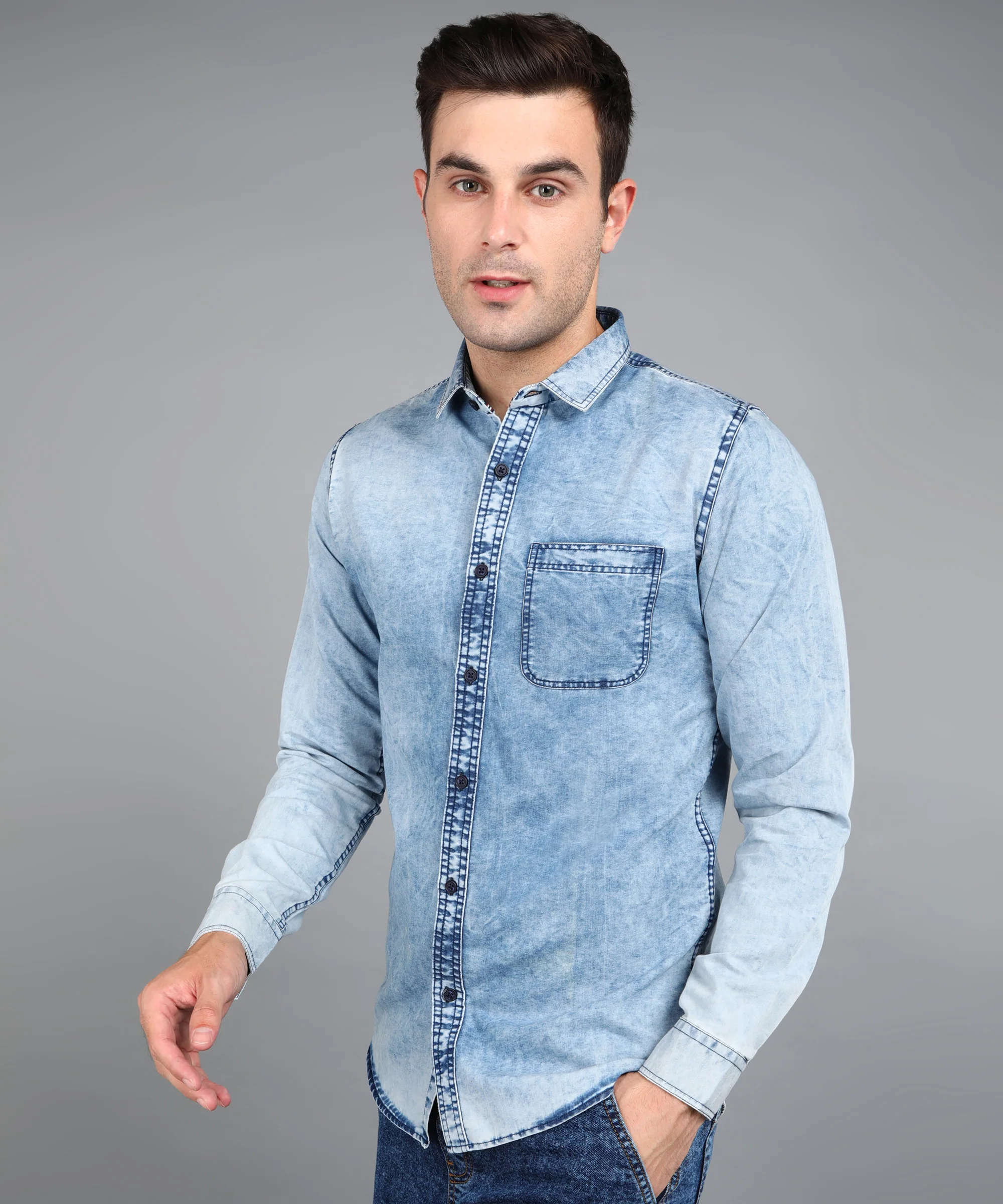 Men's Ice Blue Denim Full Sleeve Slim Fit Washed Casual Shirt - Image 2