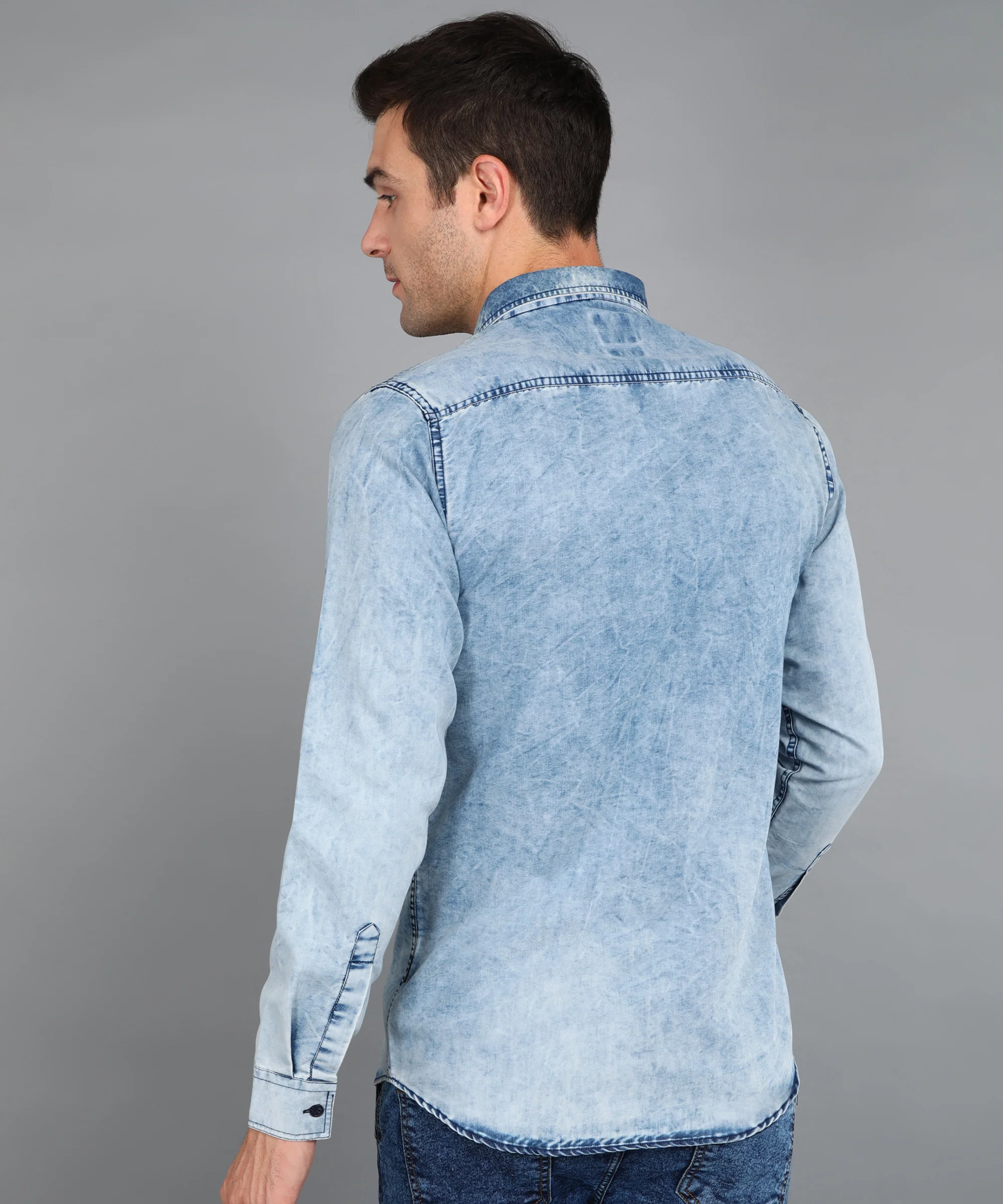 Men's Ice Blue Denim Full Sleeve Slim Fit Washed Casual Shirt - Image 3