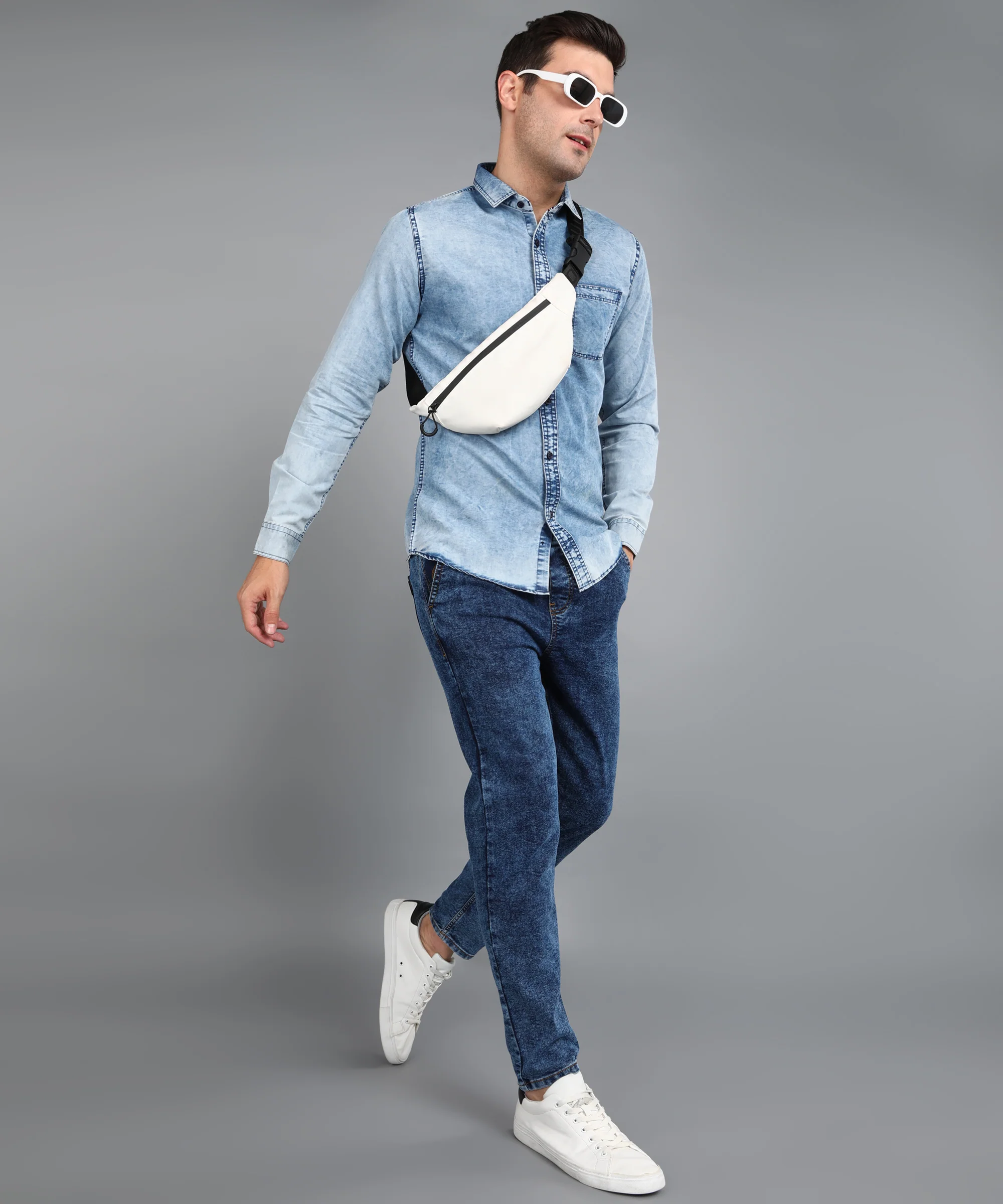 Men's Ice Blue Denim Full Sleeve Slim Fit Washed Casual Shirt - Image 4