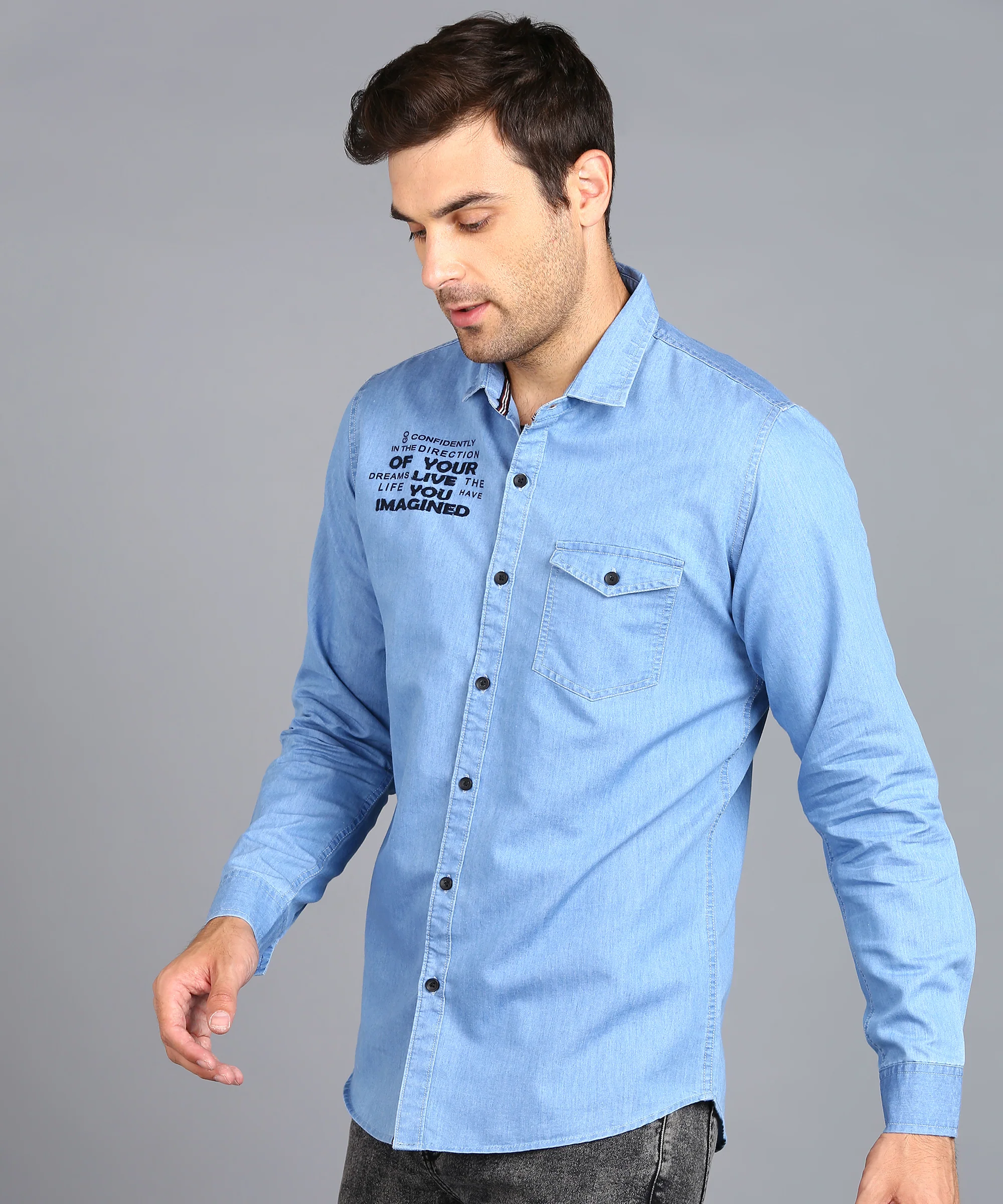 Men's Ice Blue Denim Full Sleeve Slim Fit Washed Casual Shirt - Image 2