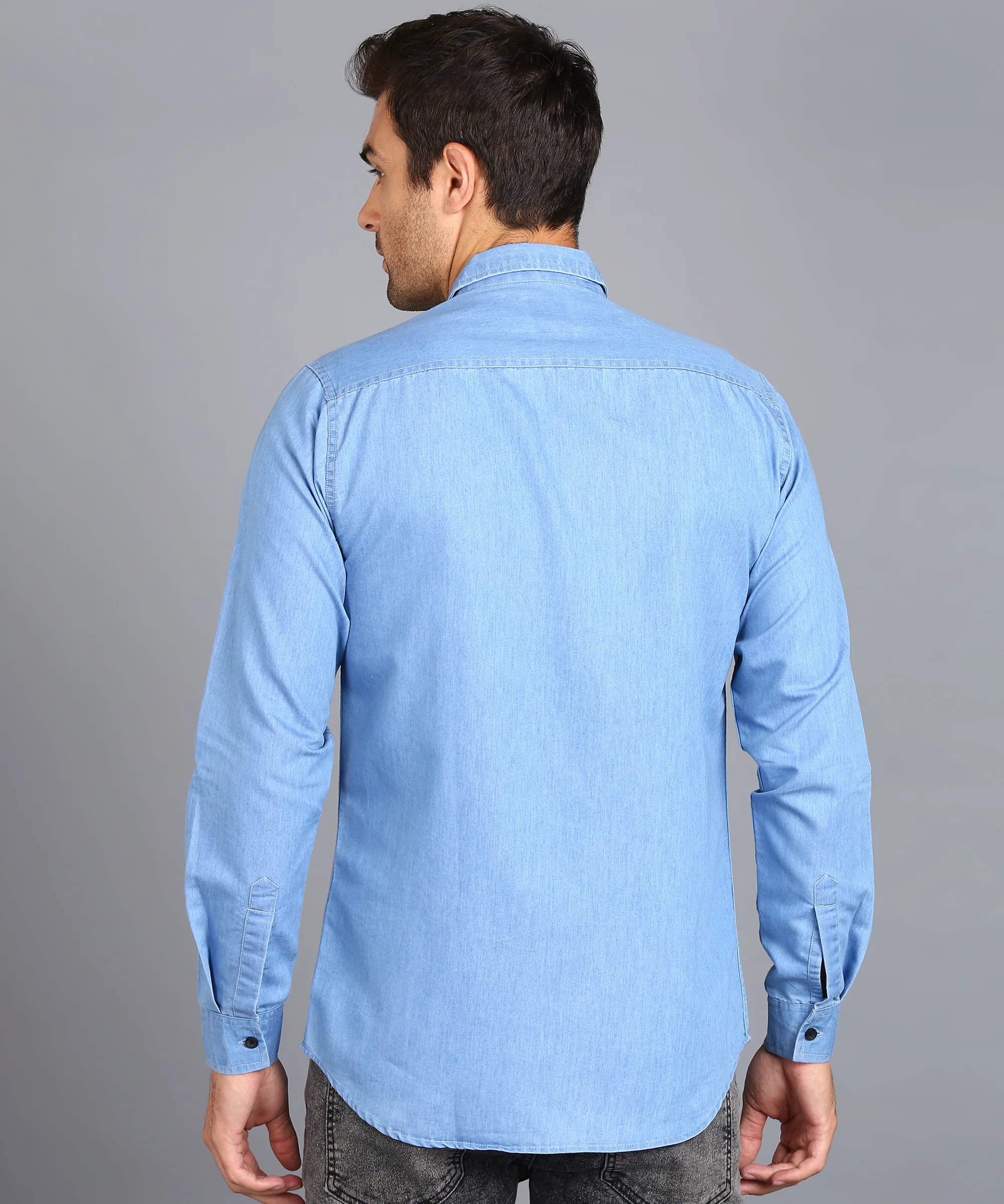 Men's Ice Blue Denim Full Sleeve Slim Fit Washed Casual Shirt - Image 3