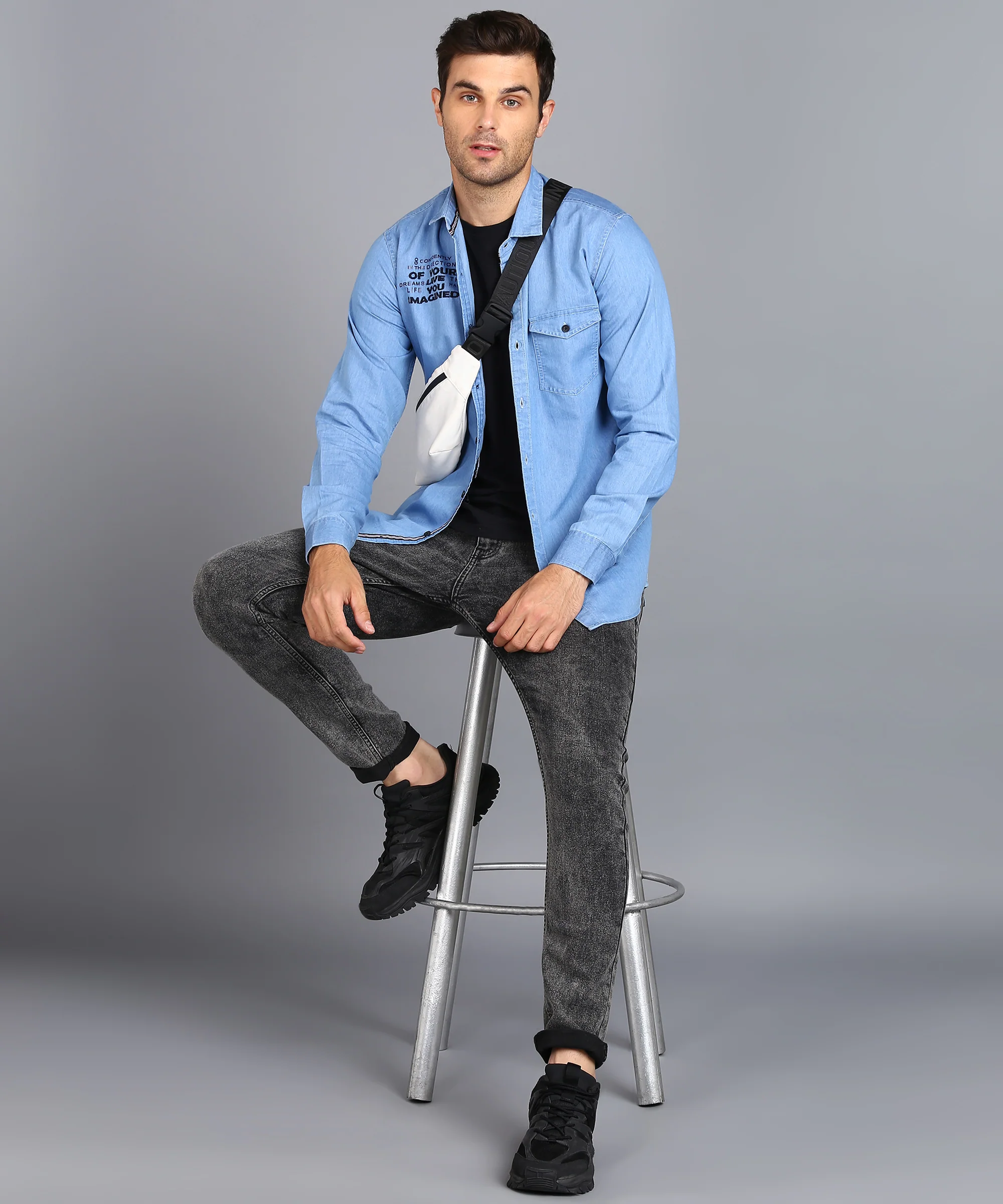 Men's Ice Blue Denim Full Sleeve Slim Fit Washed Casual Shirt - Image 4