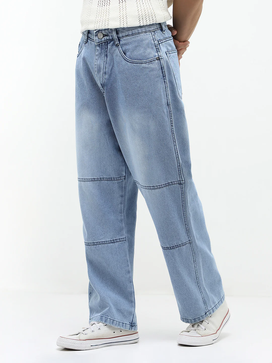 Men's Ice Blue Loose Baggy Fit Cut and Sew Panelled Jeans Non-Stretchable - Image 3