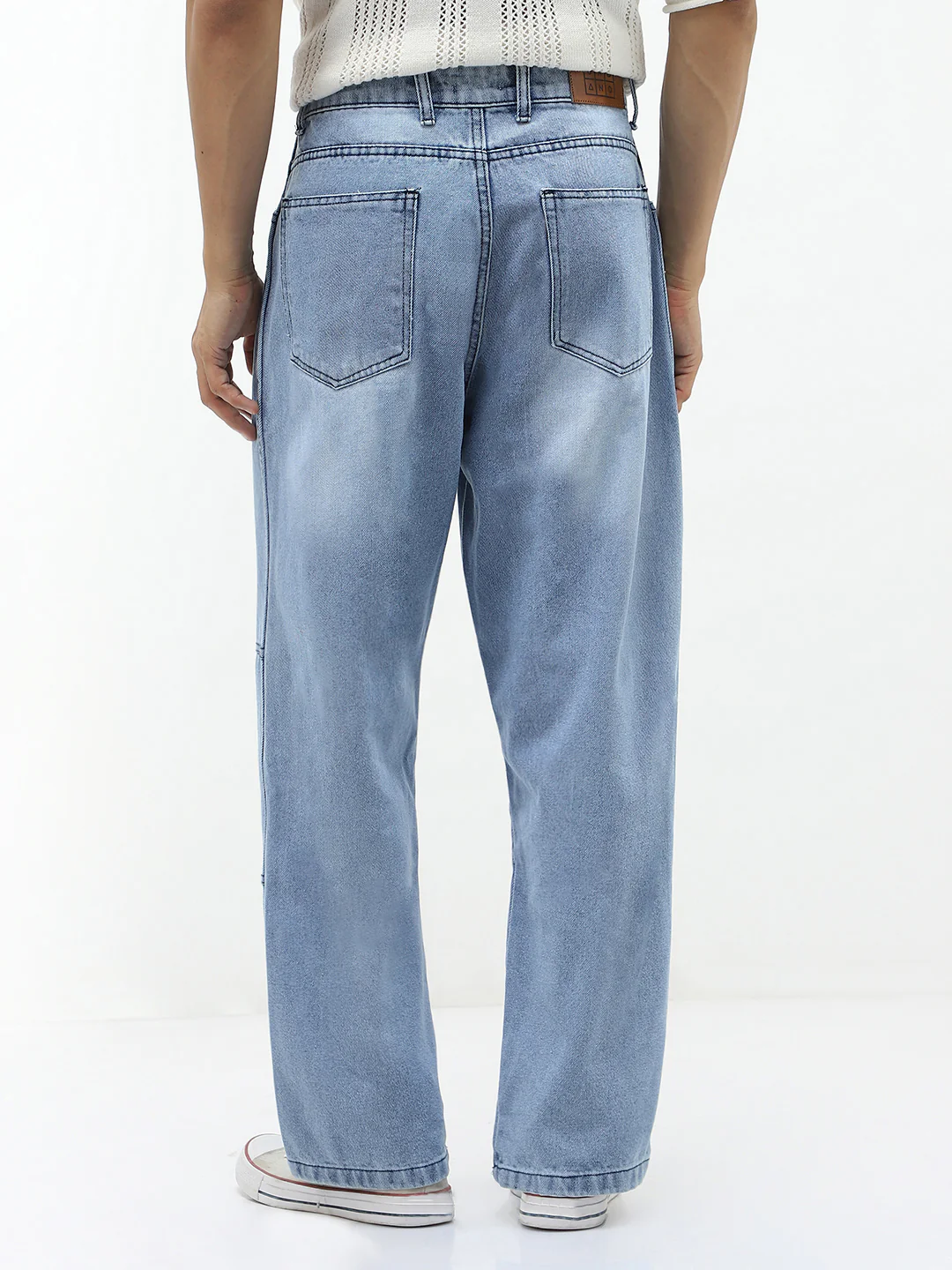Men's Ice Blue Loose Baggy Fit Cut and Sew Panelled Jeans Non-Stretchable - Image 4