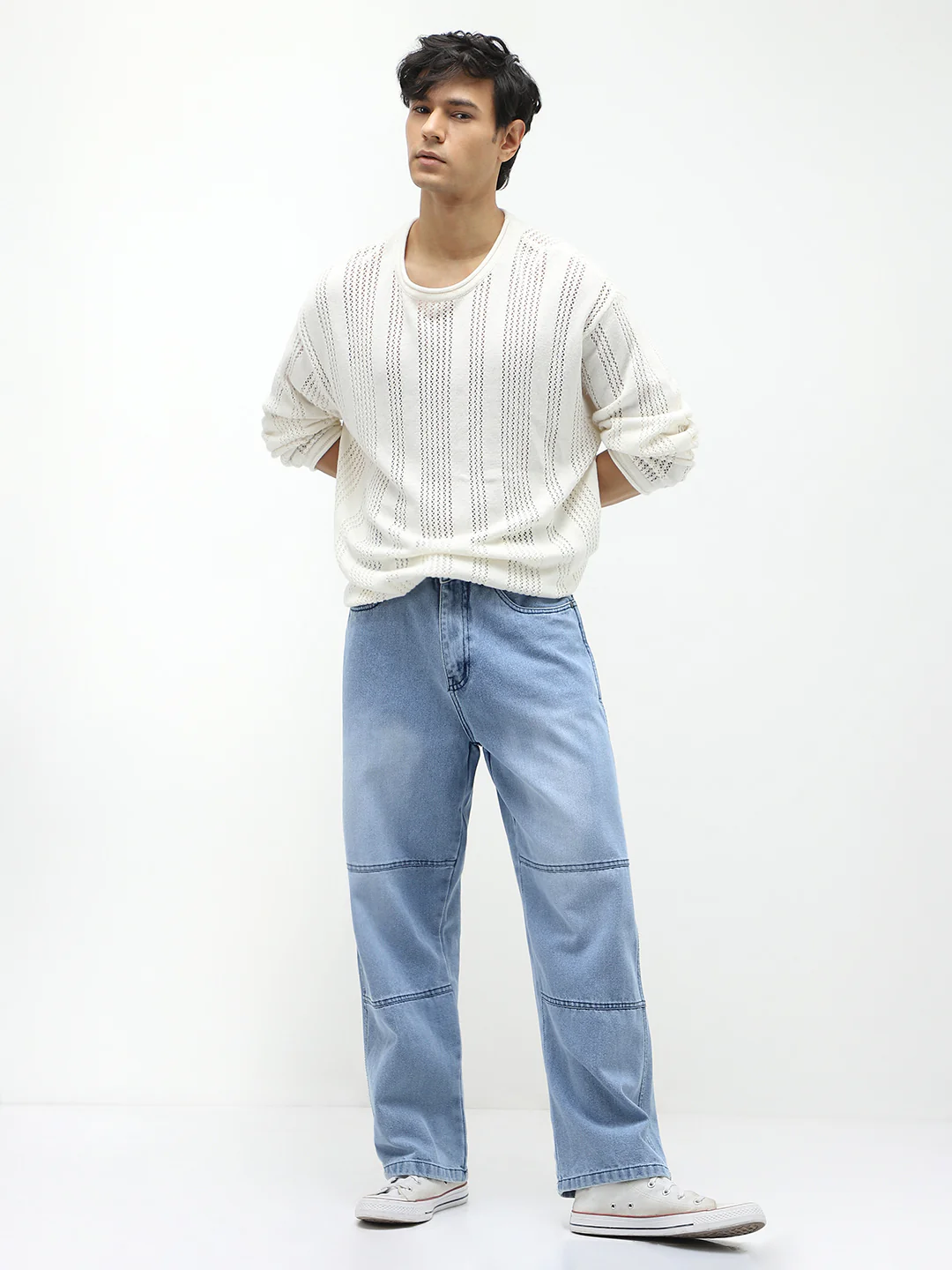 Men's Ice Blue Loose Baggy Fit Cut and Sew Panelled Jeans Non-Stretchable - Image 5
