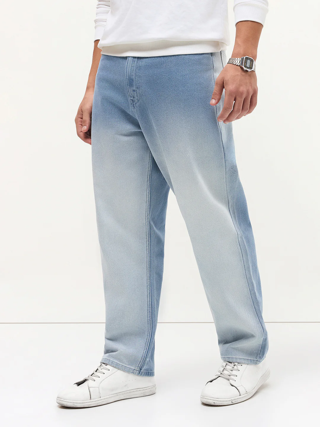 Men's Ice Blue Loose Baggy Fit Heavy Washed Faded Denim Jeans Non-Stretchable - Image 2