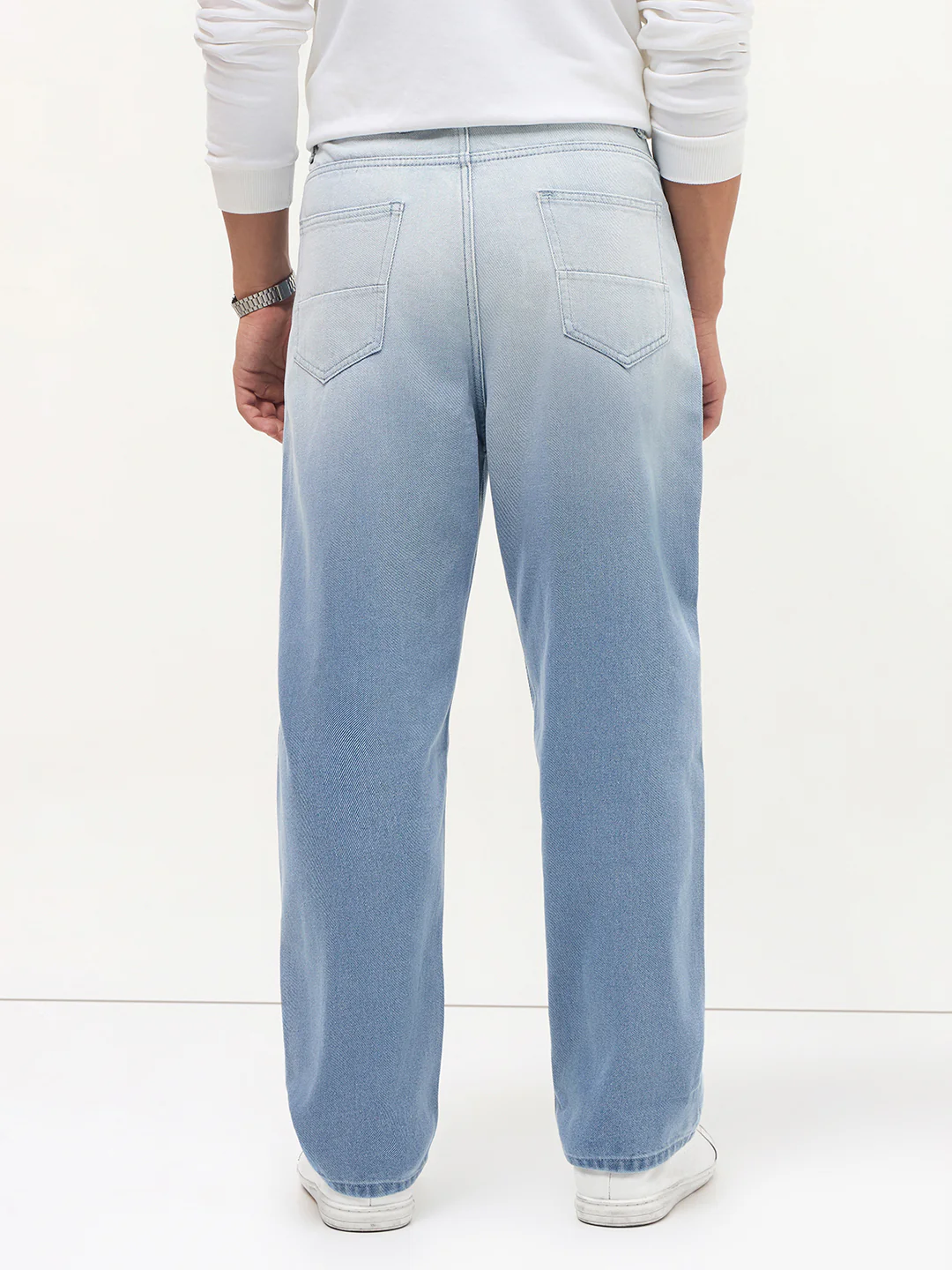 Men's Ice Blue Loose Baggy Fit Heavy Washed Faded Denim Jeans Non-Stretchable - Image 3