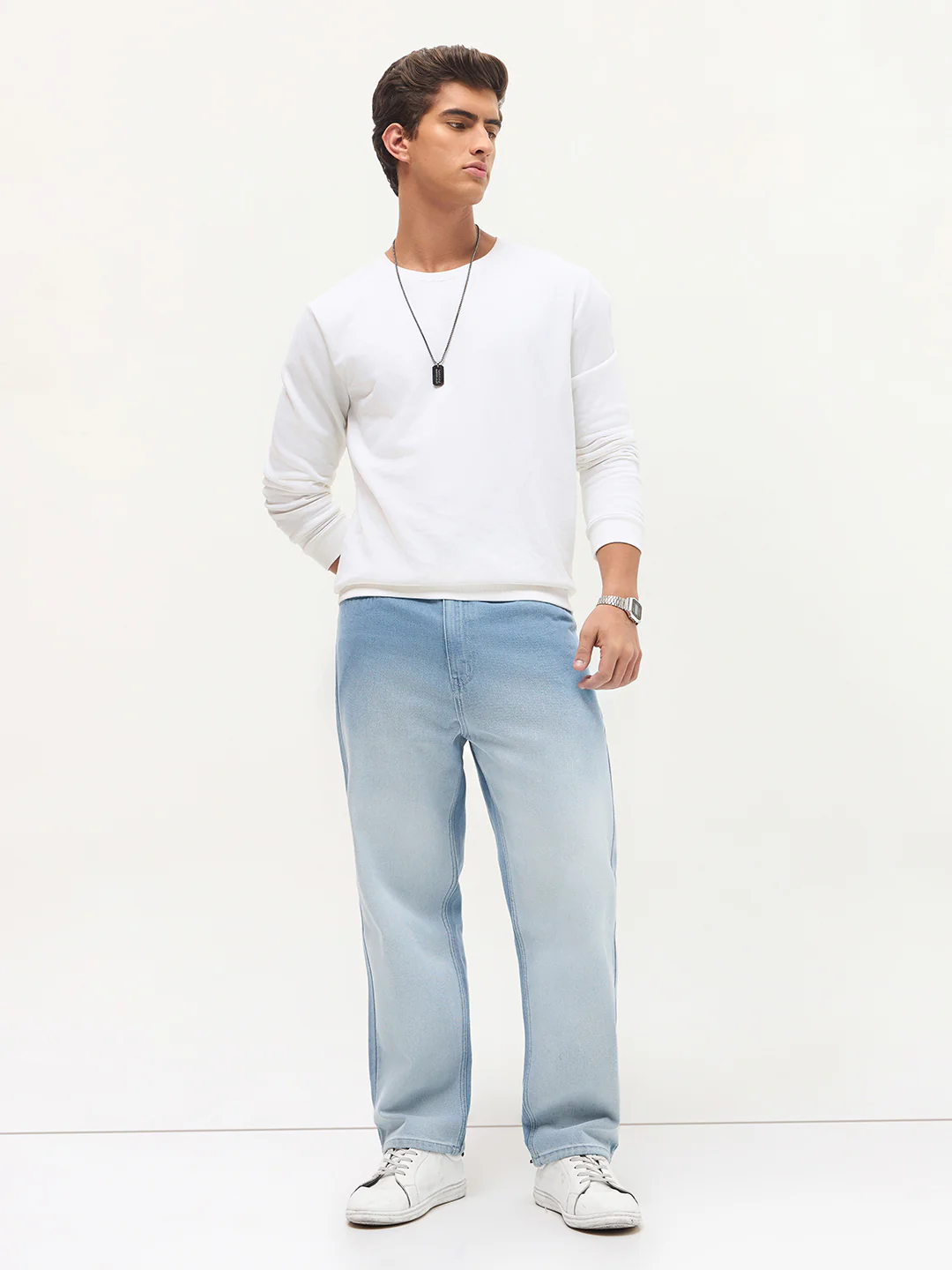 Men's Ice Blue Loose Baggy Fit Heavy Washed Faded Denim Jeans Non-Stretchable - Image 4