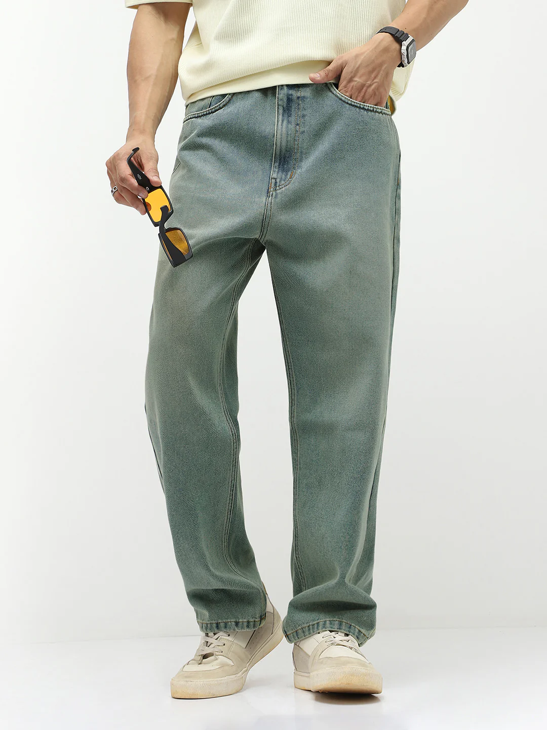 Men's Ice Blue Loose Baggy Fit Heavy Washed Jeans Non-Stretchable