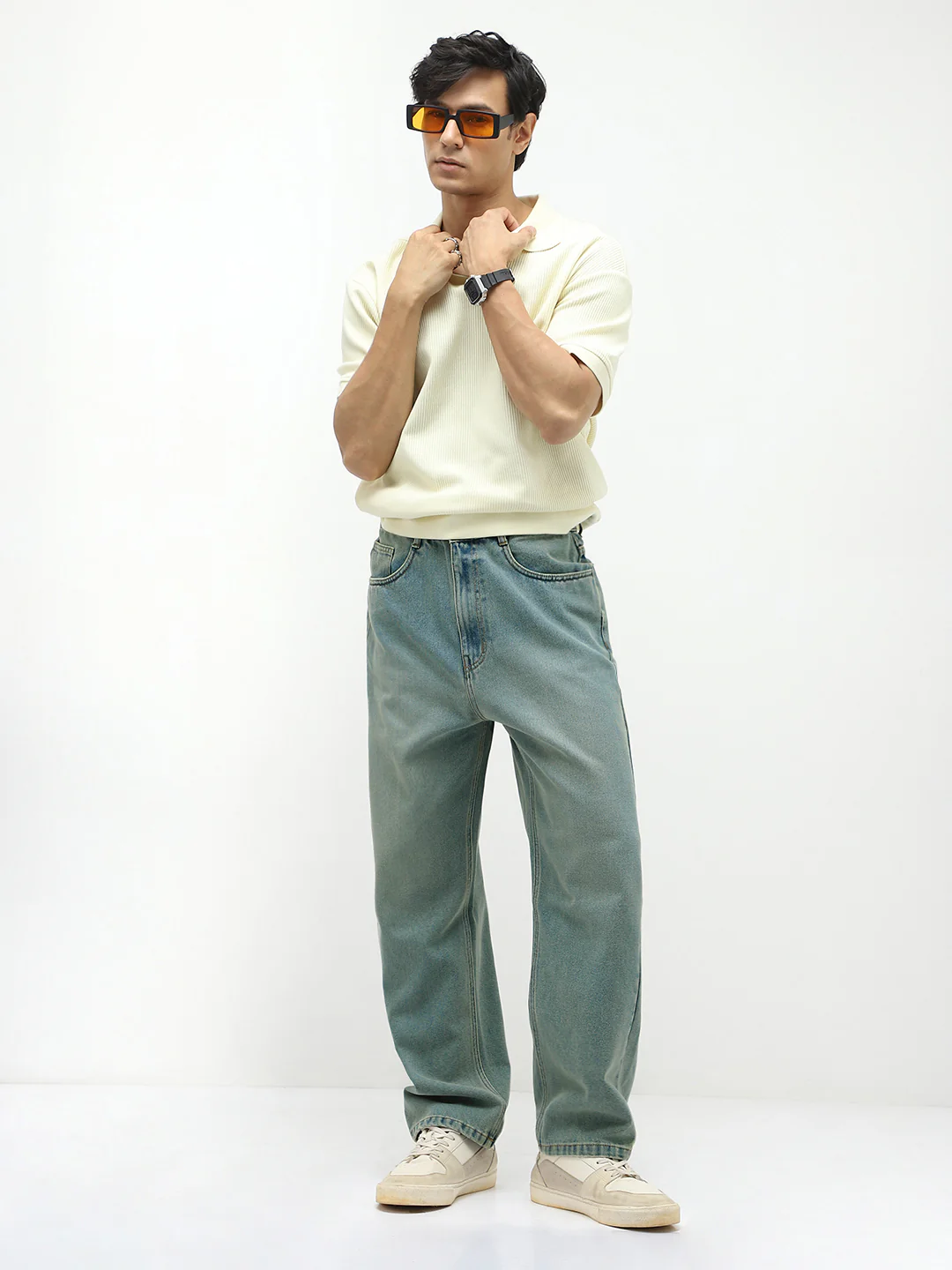 Men's Ice Blue Loose Baggy Fit Heavy Washed Jeans Non-Stretchable - Image 4