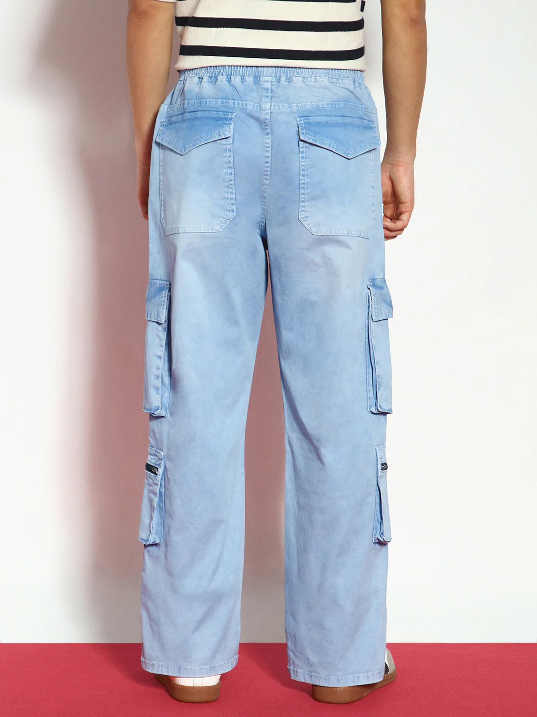 Men's Ice Blue Loose Baggy Fit Travel Cargo Jeans With 8 Pockets Stretchable - Image 3