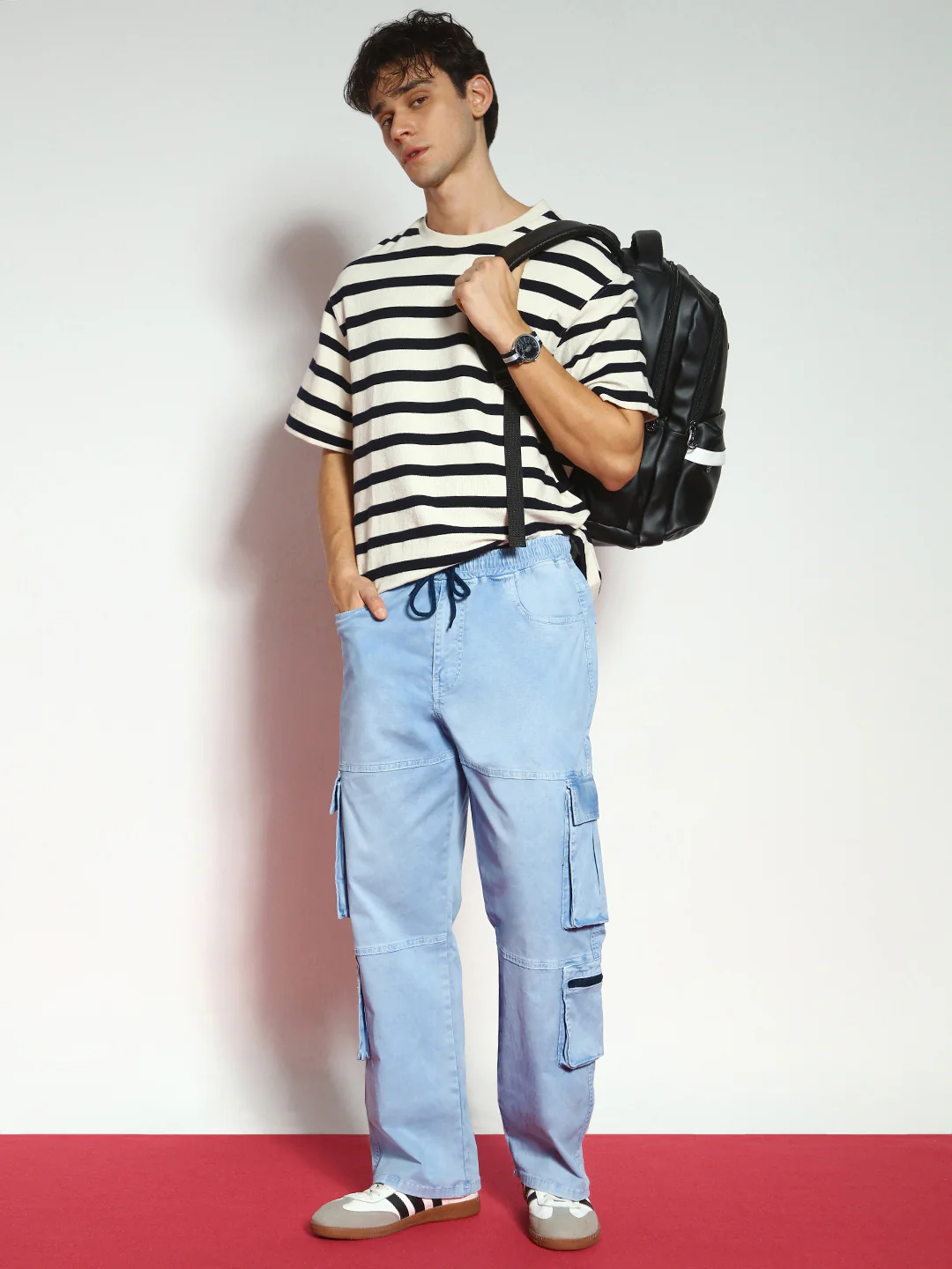 Men's Ice Blue Loose Baggy Fit Travel Cargo Jeans With 8 Pockets Stretchable - Image 4
