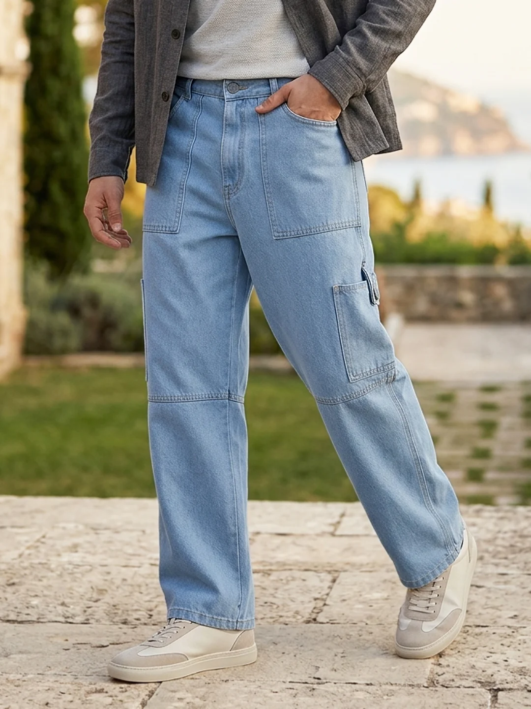 Men's Ice Blue Loose Baggy Fit Washed Cargo Jeans with 6 Pockets Non-Stretchable