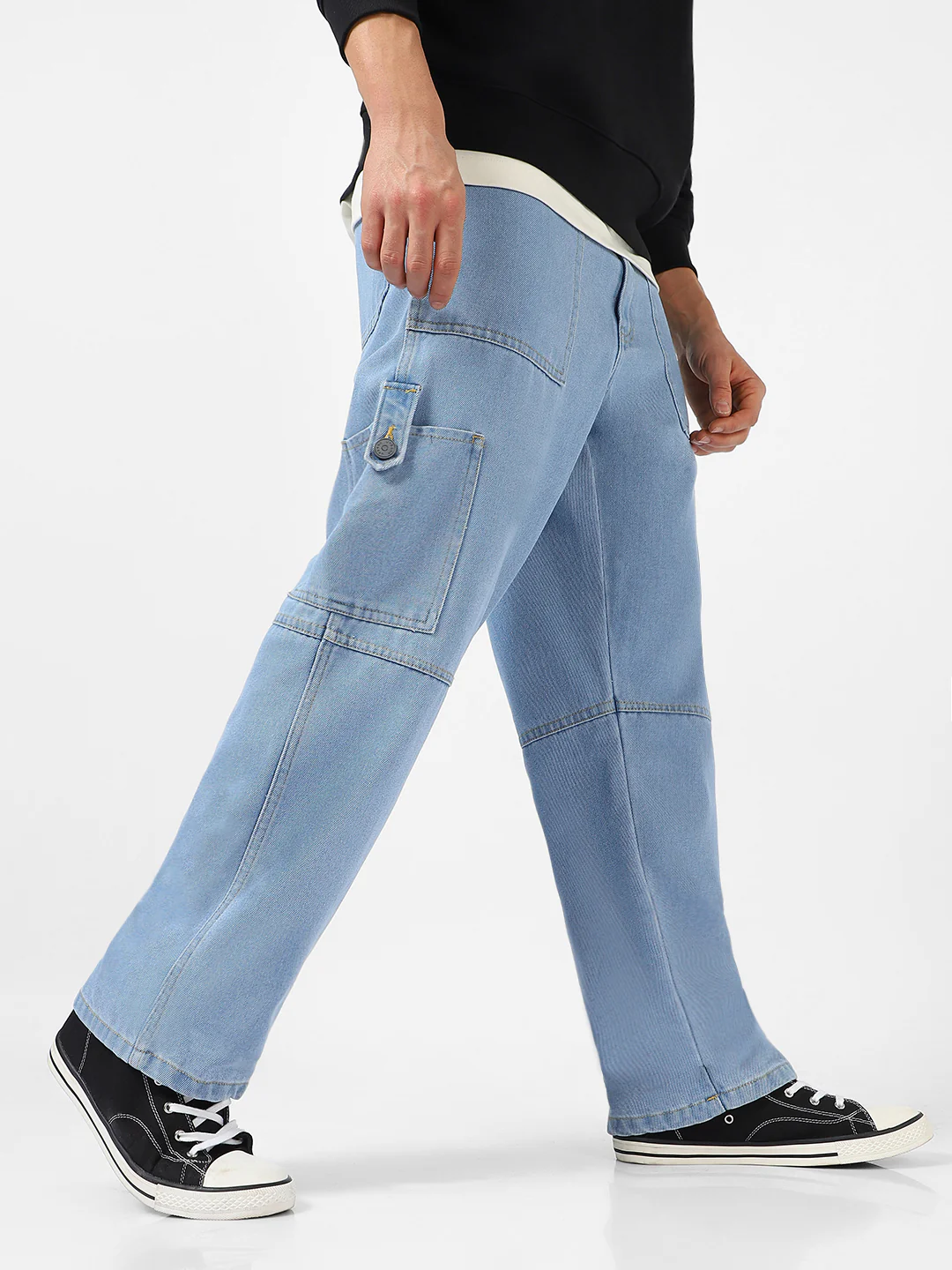 Men's Ice Blue Loose Baggy Fit Washed Cargo Jeans with 6 Pockets Non-Stretchable - Image 2
