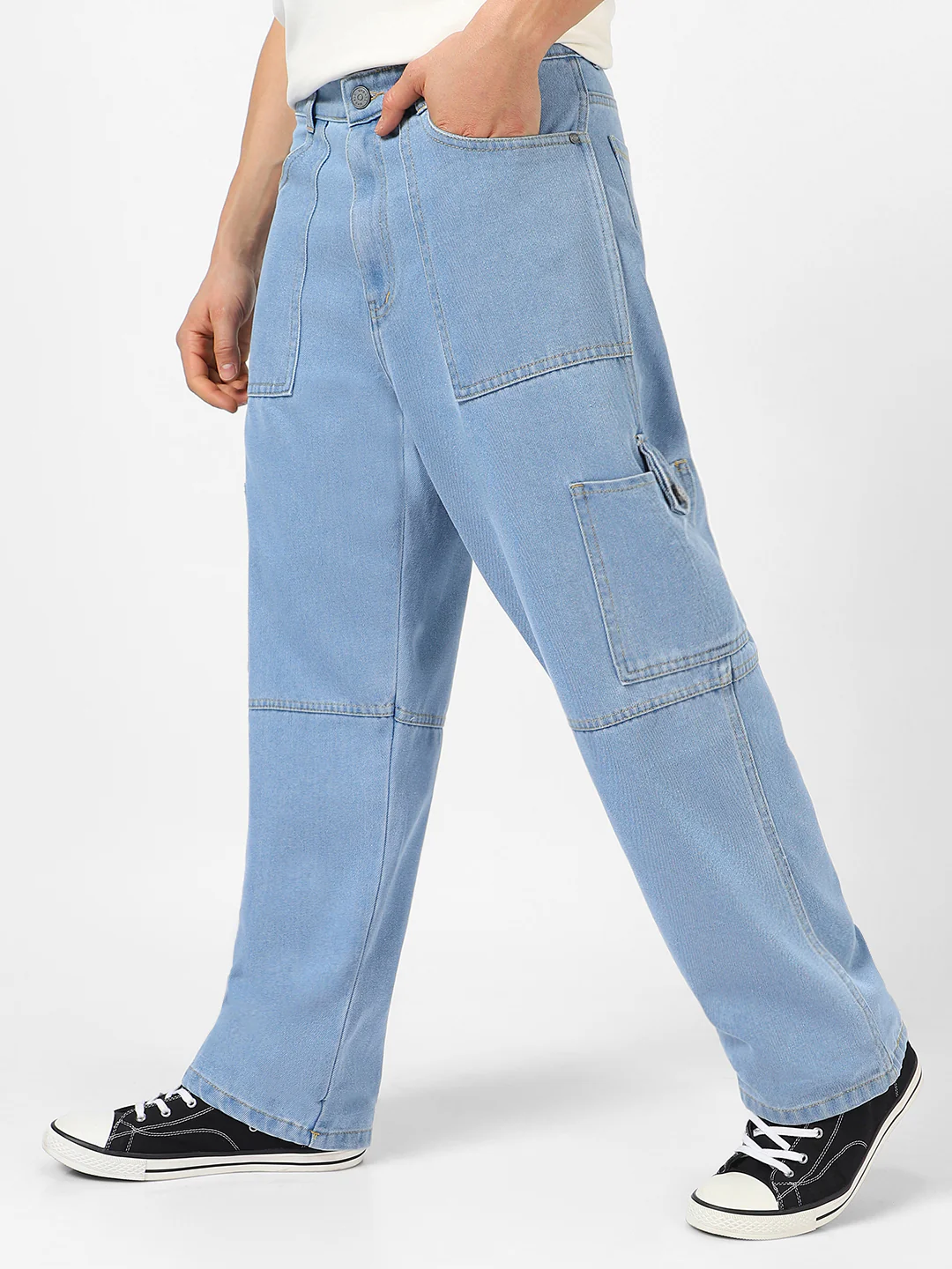 Men's Ice Blue Loose Baggy Fit Washed Cargo Jeans with 6 Pockets Non-Stretchable - Image 3