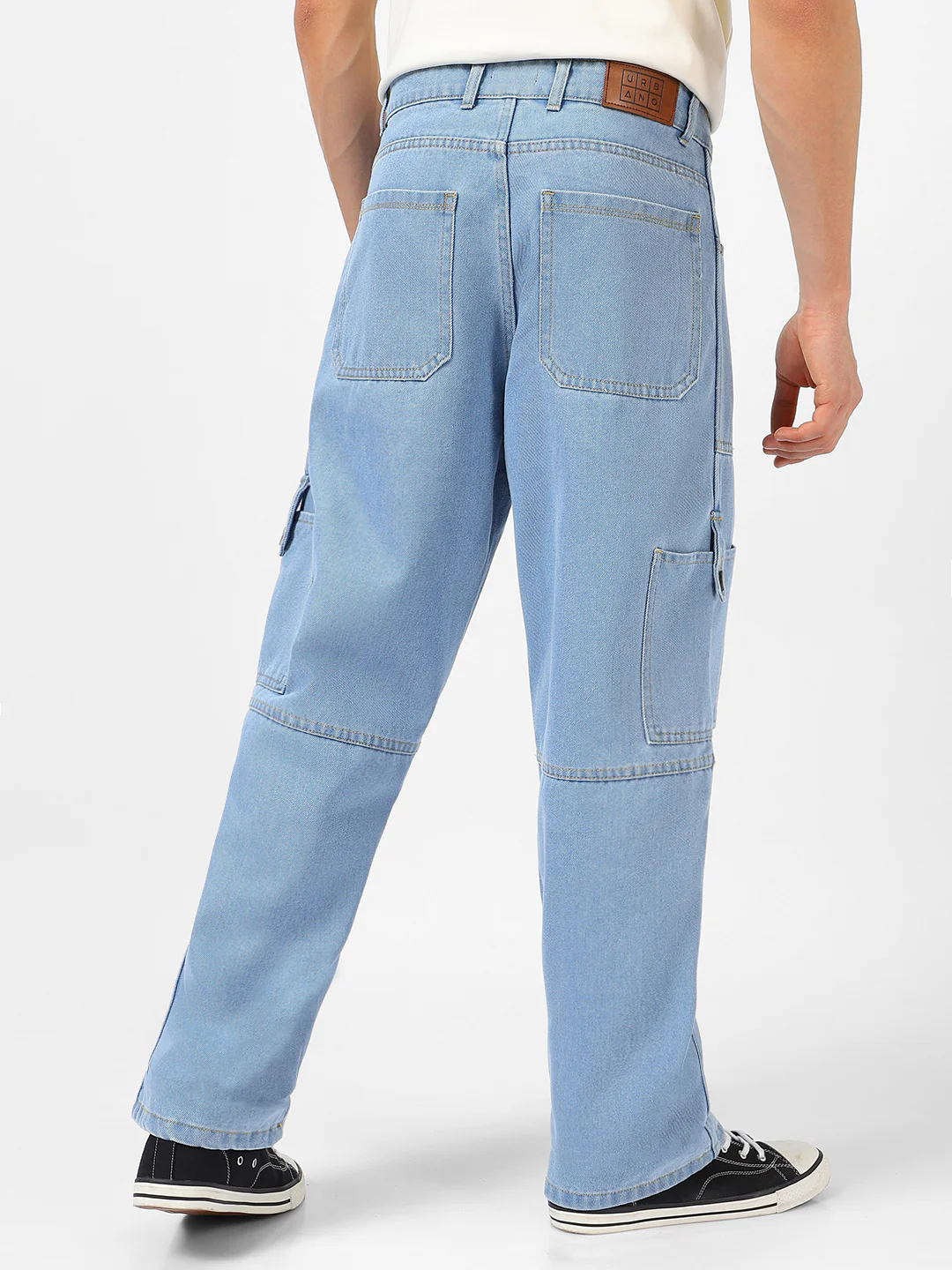 Men's Ice Blue Loose Baggy Fit Washed Cargo Jeans with 6 Pockets Non-Stretchable - Image 4