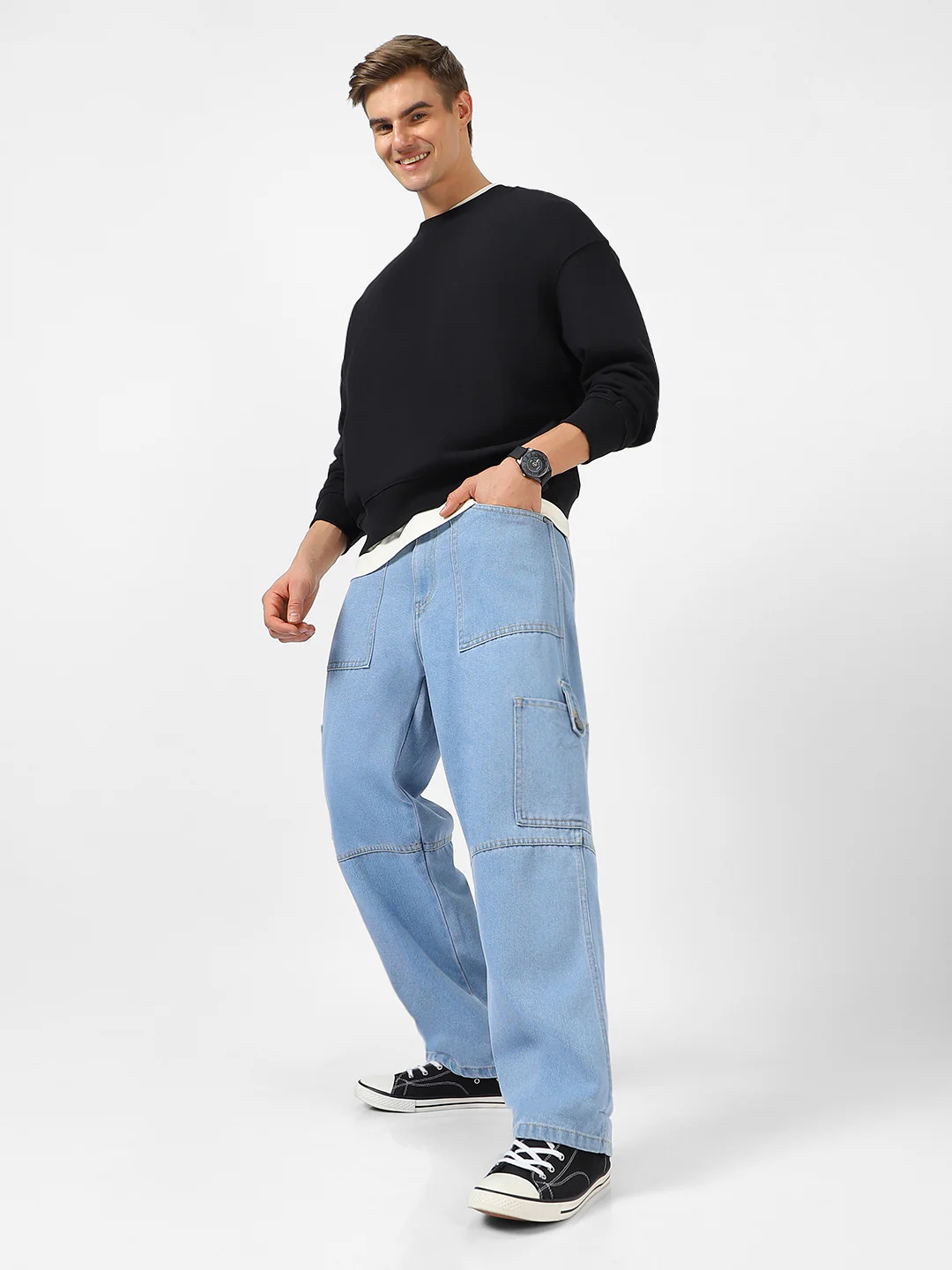 Men's Ice Blue Loose Baggy Fit Washed Cargo Jeans with 6 Pockets Non-Stretchable - Image 5