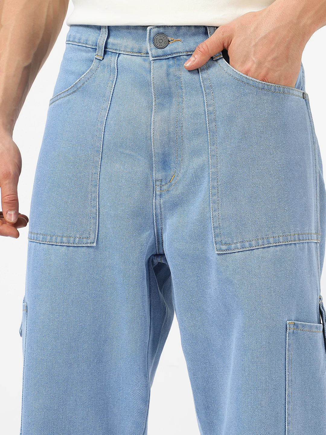 Men's Ice Blue Loose Baggy Fit Washed Cargo Jeans with 6 Pockets Non-Stretchable - Image 6