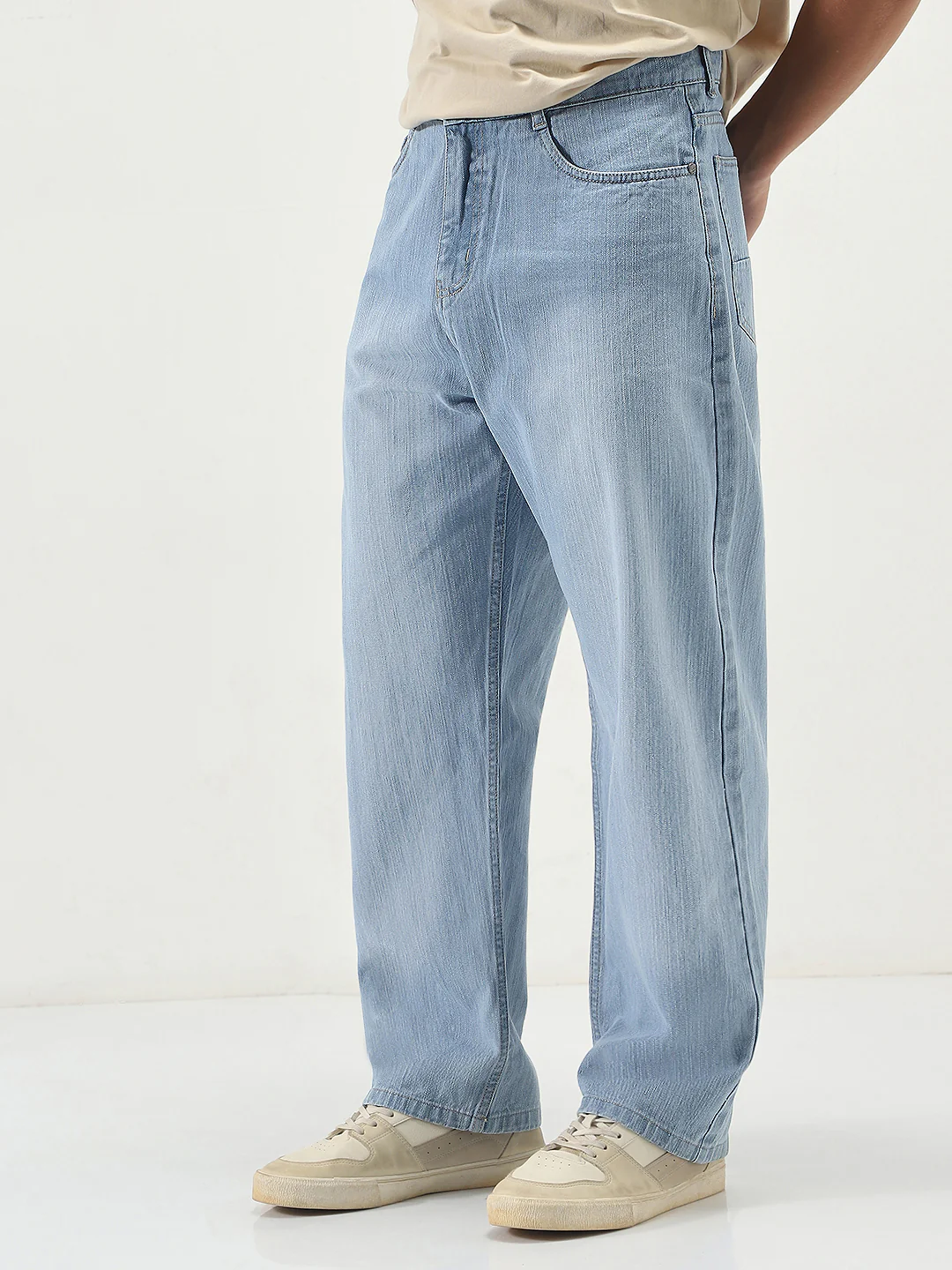 Men's Ice Blue Loose Baggy Fit Washed Denim Jeans Non-Stretchable - Image 2