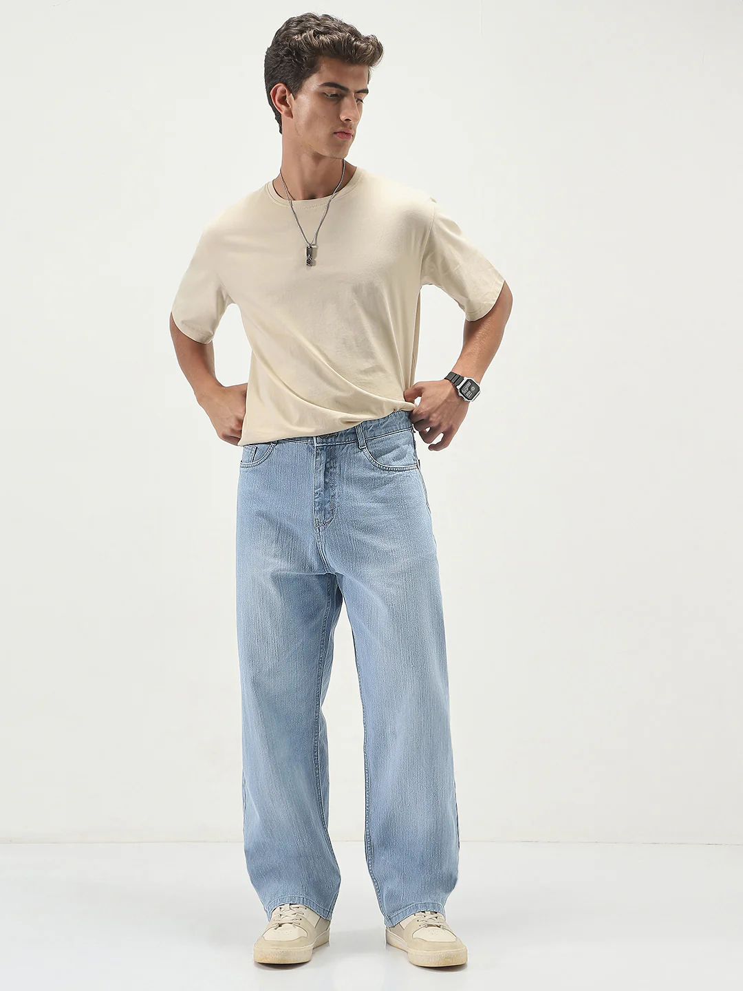 Men's Ice Blue Loose Baggy Fit Washed Denim Jeans Non-Stretchable - Image 4