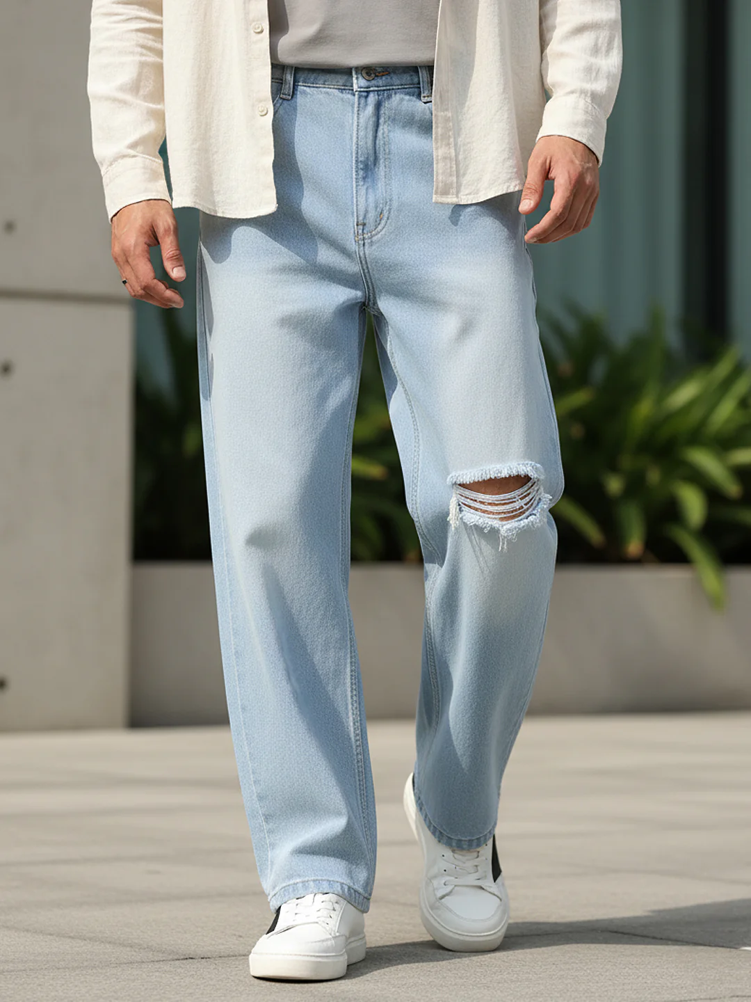 Men's Ice Blue Loose Baggy Fit Washed Distressed/Torn Jeans Non-Stretchable
