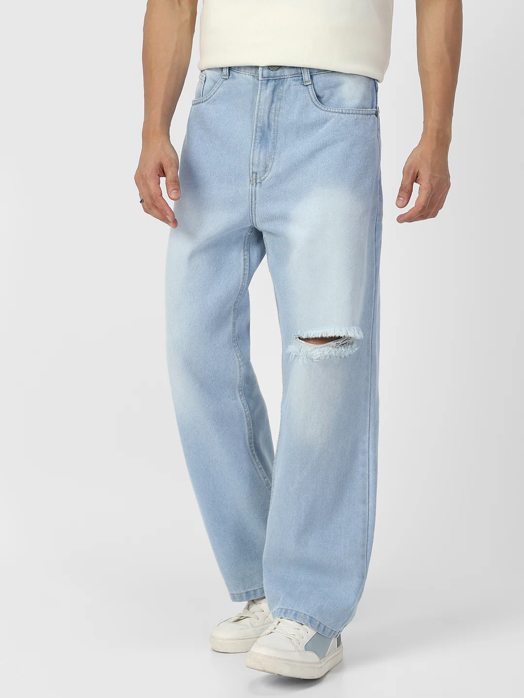 Men's Ice Blue Loose Baggy Fit Washed Distressed/Torn Jeans Non-Stretchable - Image 2