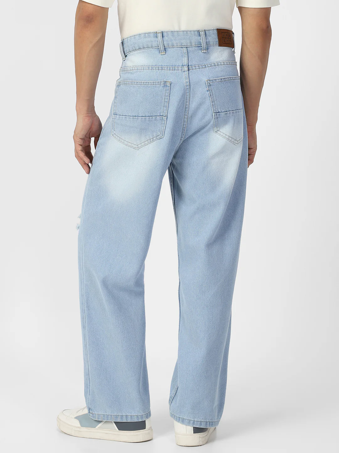 Men's Ice Blue Loose Baggy Fit Washed Distressed/Torn Jeans Non-Stretchable - Image 3
