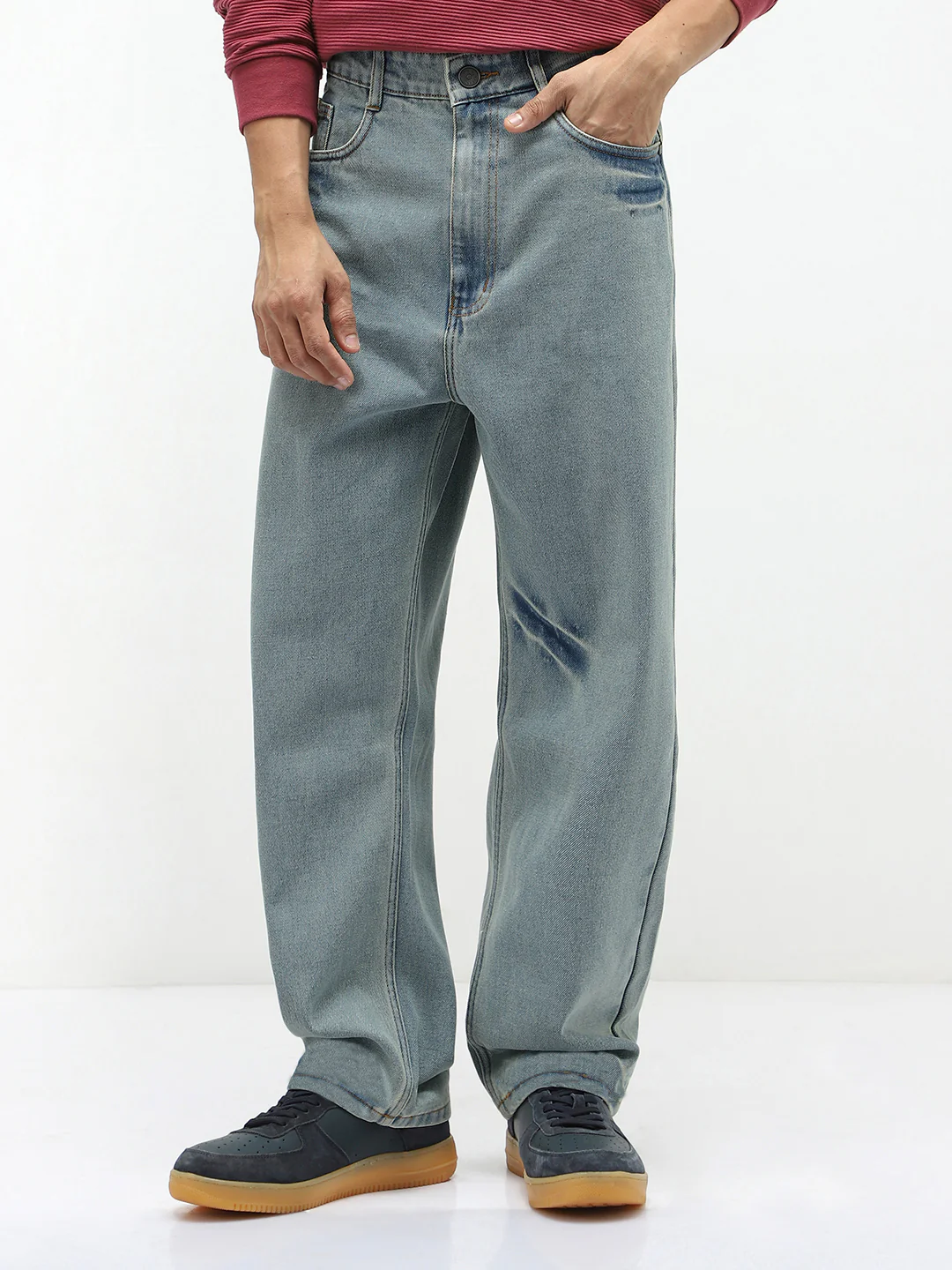 Men's Ice Blue Loose Baggy Fit Washed Jeans Non-Stretchable