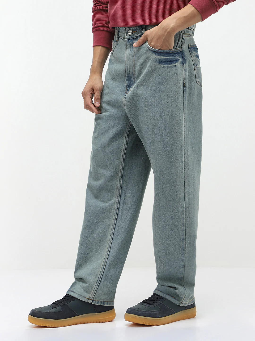 Men's Ice Blue Loose Baggy Fit Washed Jeans Non-Stretchable - Image 2