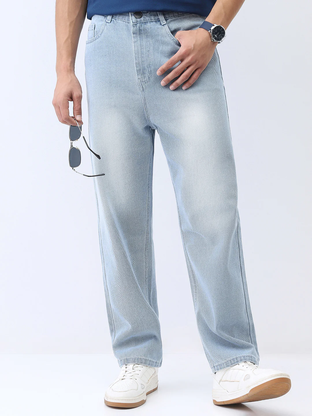 Men's Ice Blue Loose Baggy Fit Washed Jeans Non-Stretchable - Image 2