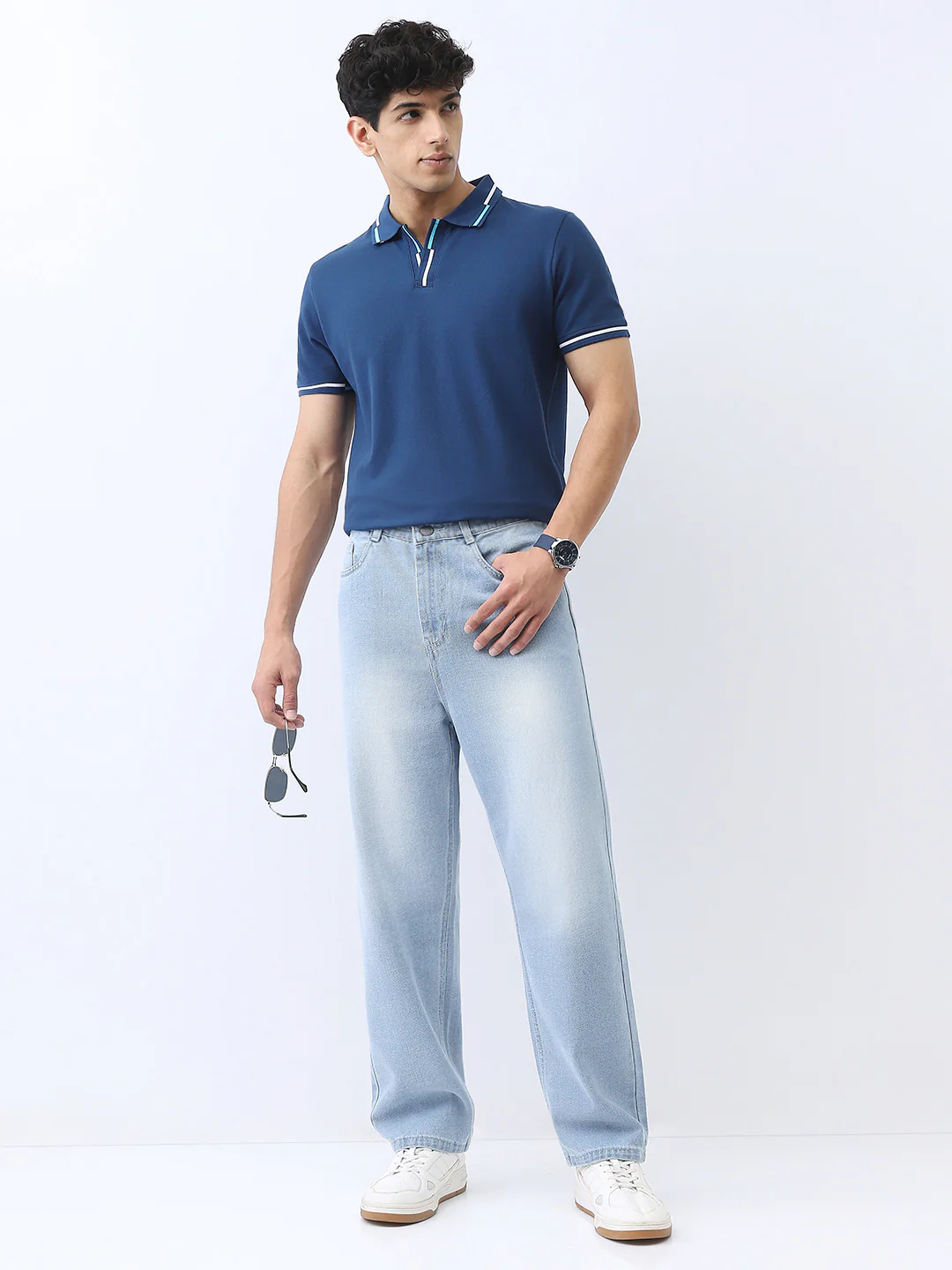 Men's Ice Blue Loose Baggy Fit Washed Jeans Non-Stretchable - Image 5