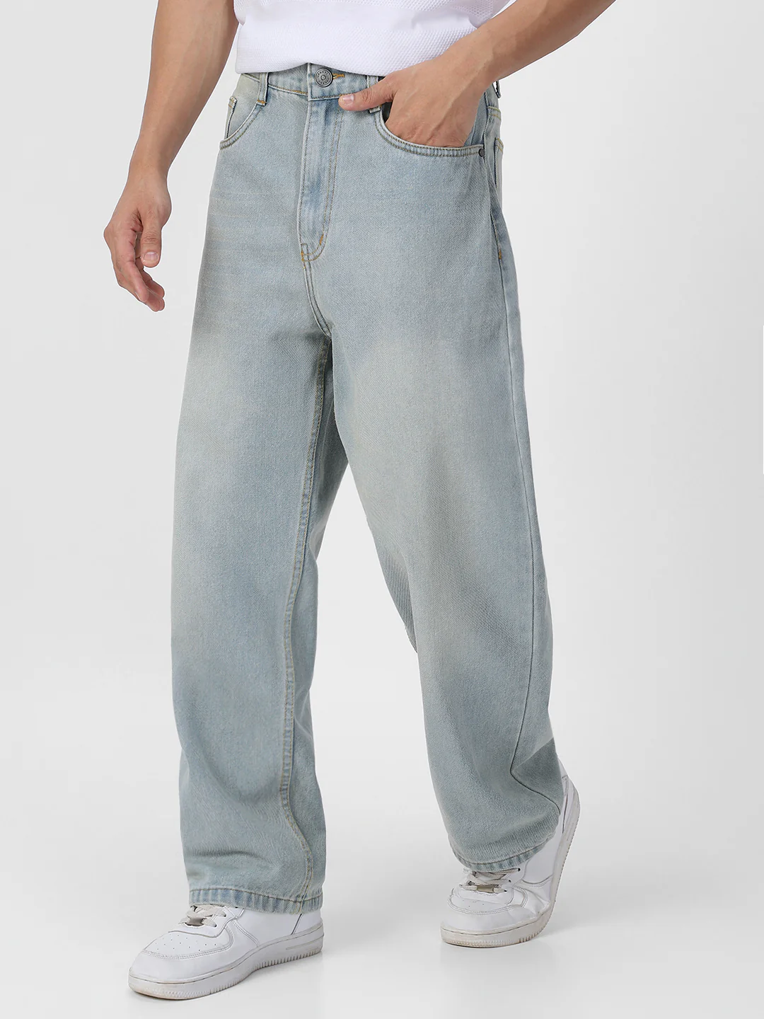 Men's Ice Blue Loose Baggy Fit Washed Jeans Non-Stretchable - Image 2