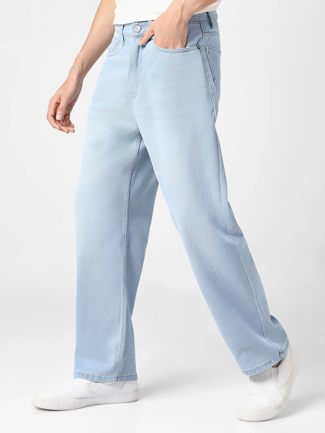 Men's Ice Blue Loose Baggy Fit Washed Jeans Non-Stretchable - Image 3