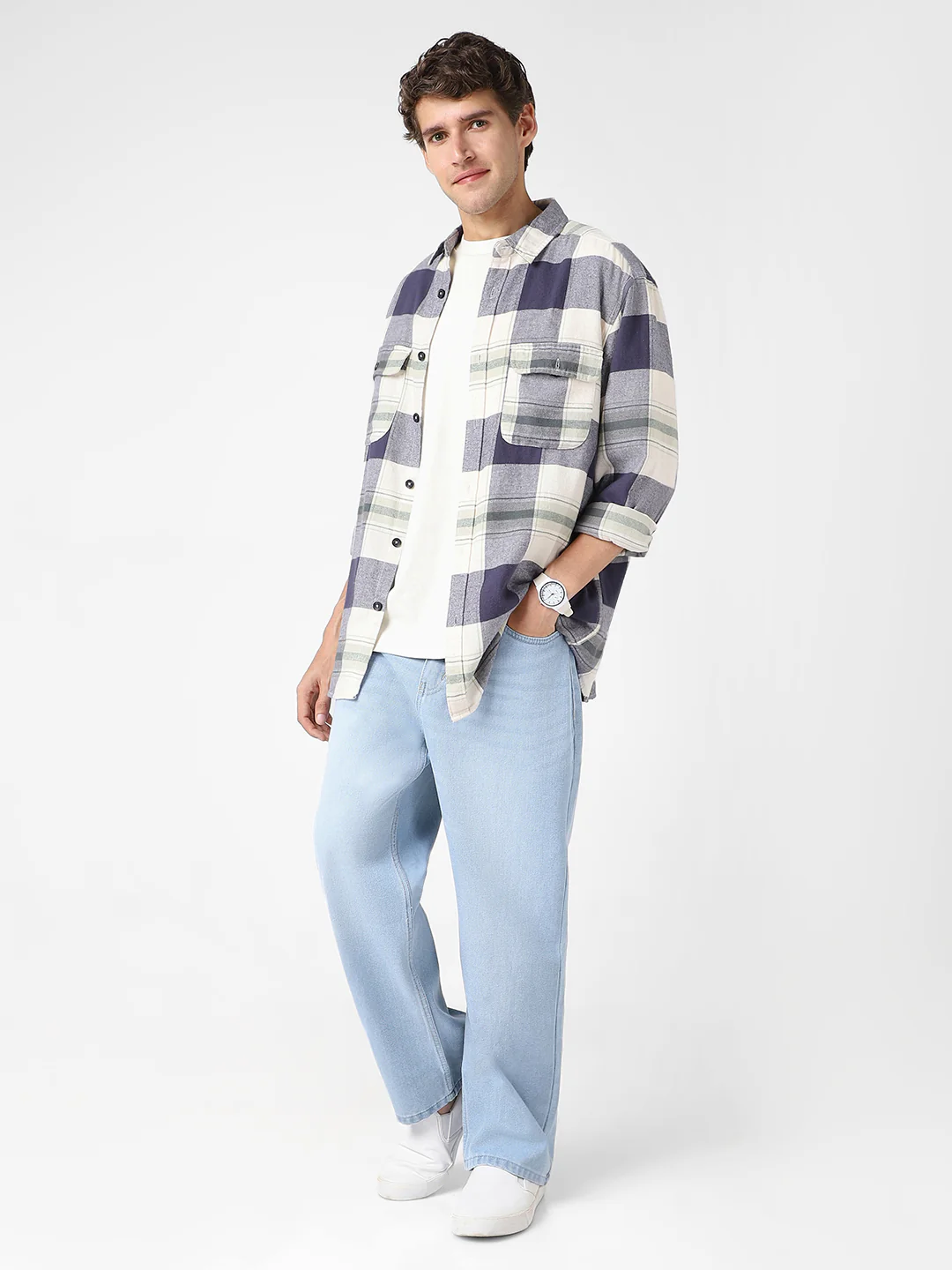 Men's Ice Blue Loose Baggy Fit Washed Jeans Non-Stretchable - Image 5