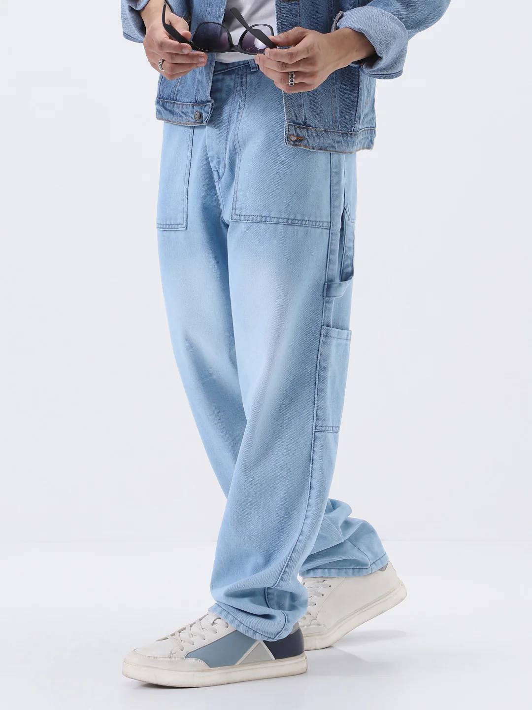 Men's Ice Blue Loose Fit Cargo Carpenter Jeans With 6 Pockets Non-Stretchable