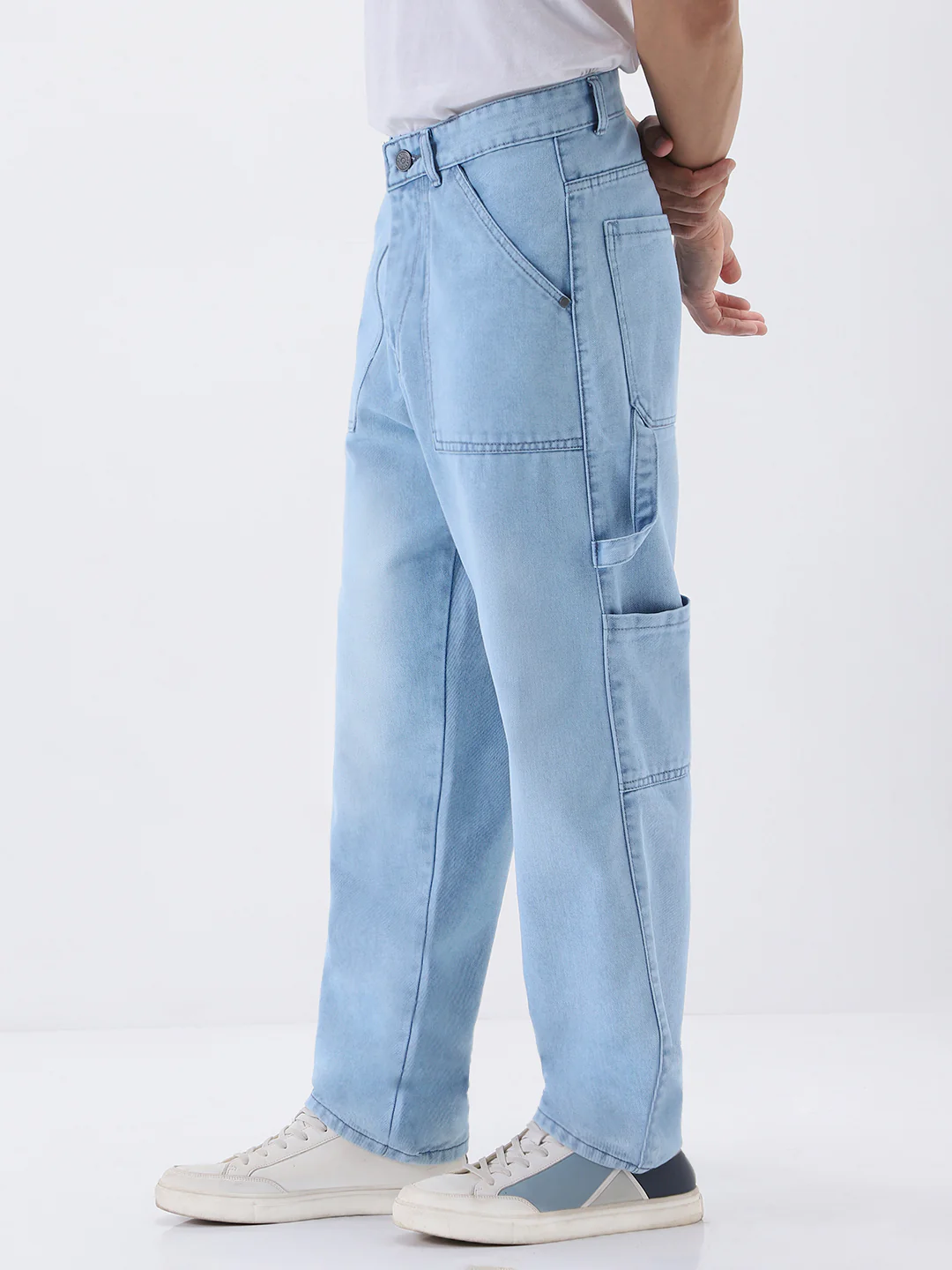 Men's Ice Blue Loose Fit Cargo Carpenter Jeans With 6 Pockets Non-Stretchable - Image 2