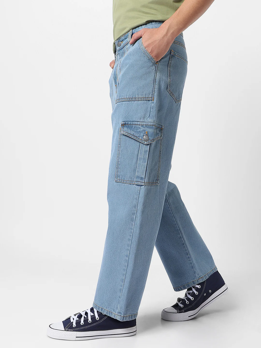 Men's Ice Blue Loose Fit Cargo Jeans with 6 Pockets Non-Stretchable - Image 2