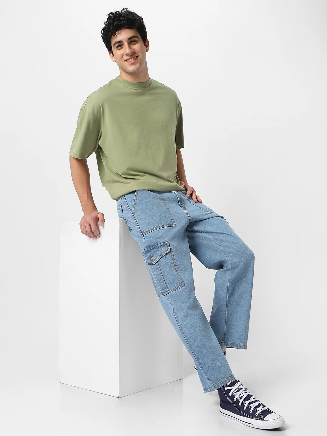 Men's Ice Blue Loose Fit Cargo Jeans with 6 Pockets Non-Stretchable - Image 4