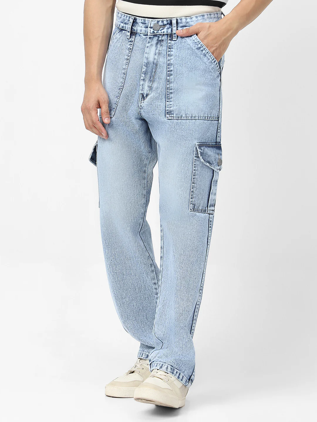 Men's Ice Blue Loose Baggy Fit Washed Cargo Jeans with 6 Pockets Non-Stretchable - Image 2