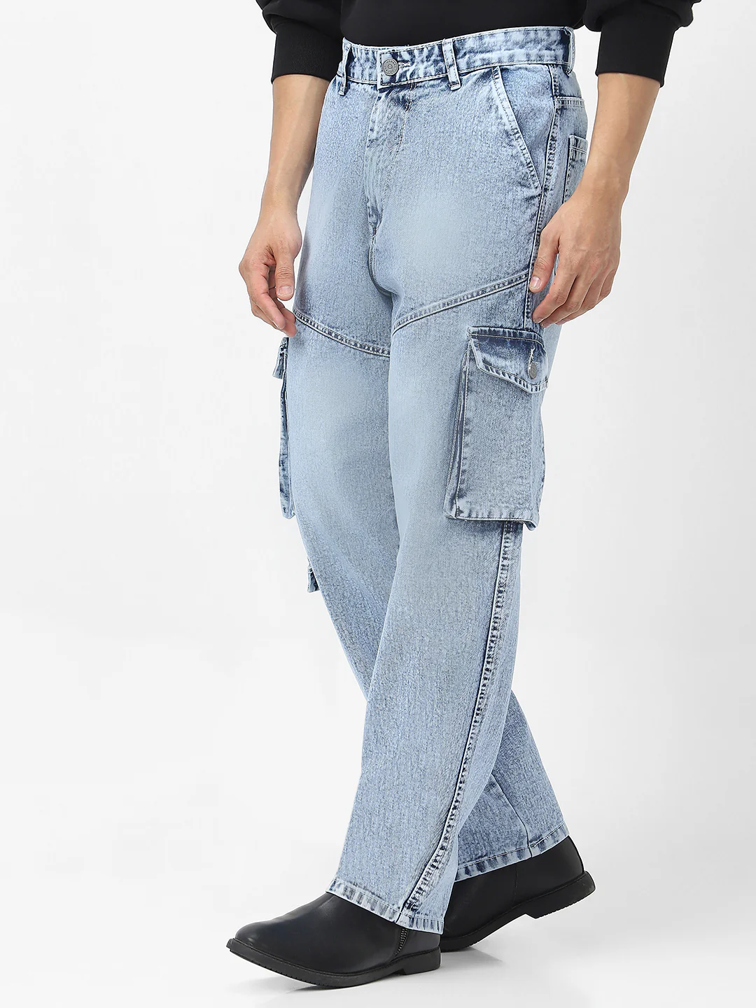 Men's Ice Blue Loose Baggy Fit Washed Cargo Jeans with 7 Pockets Non-Stretchable - Image 3