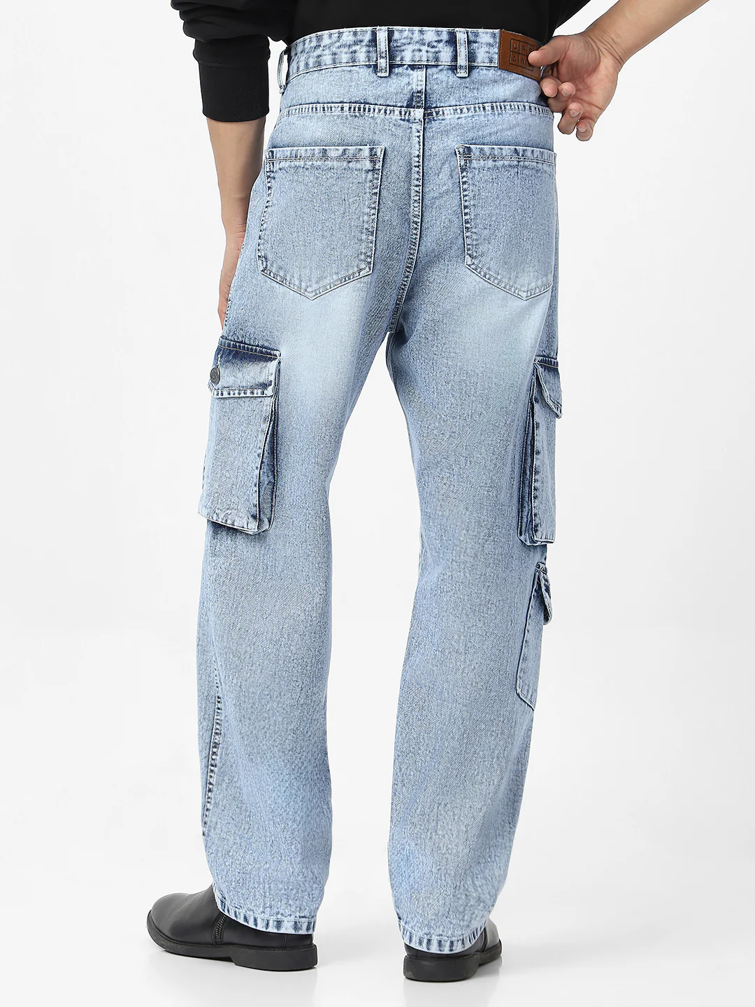 Men's Ice Blue Loose Baggy Fit Washed Cargo Jeans with 7 Pockets Non-Stretchable - Image 4